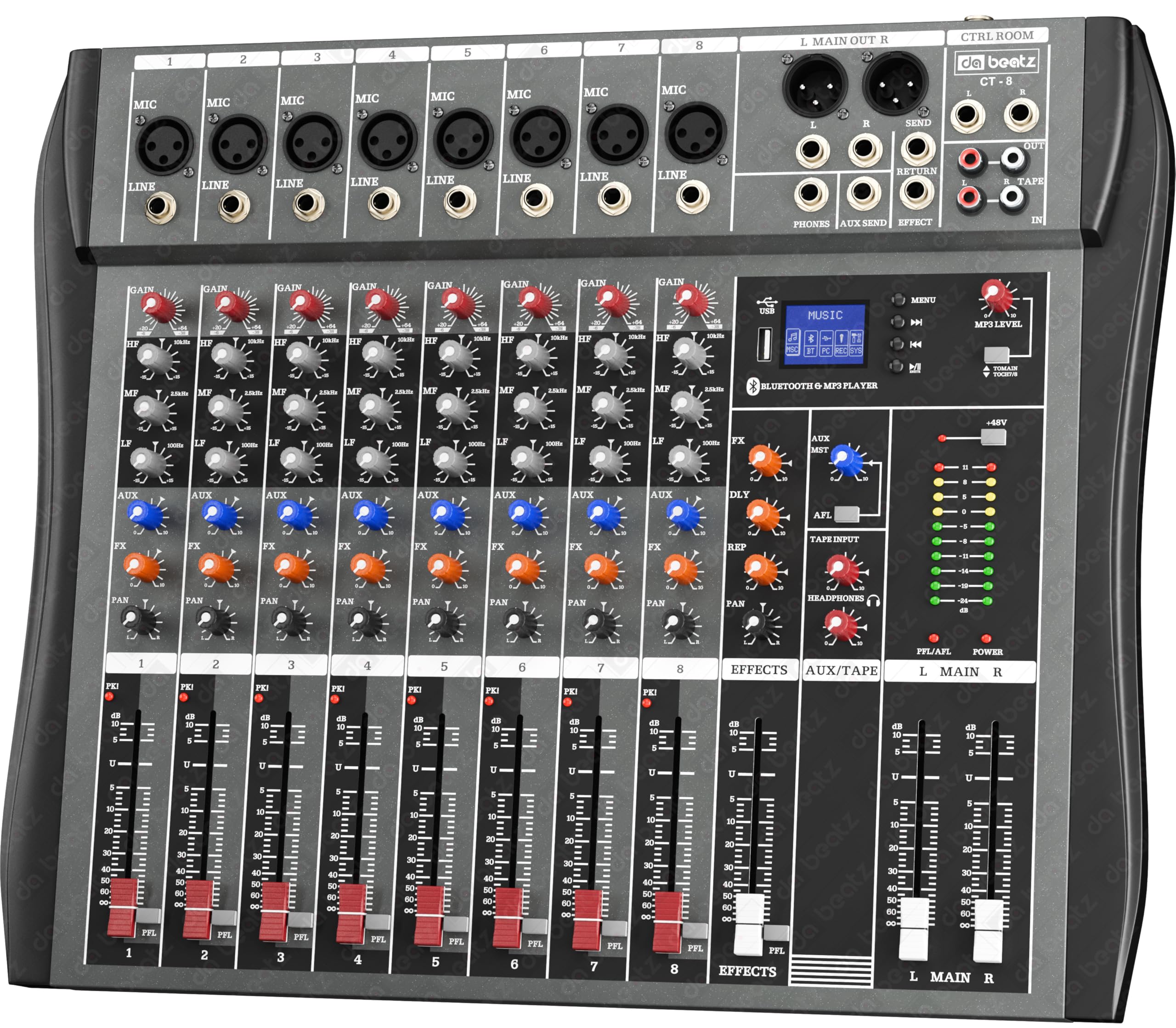Dabeatz Professional 8 Channel Mixer | XLR + TRS 6.35MM Input Ports | USB MP3 & BT Support |Delay & Repeat FX | Stereo Output |4