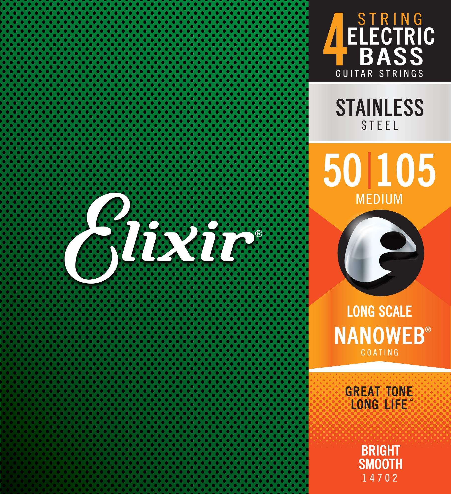 Elixir Strings Stainless Steel 4-String Bass Strings W Nanoweb Coating, Long Scale, Medium (.050-.105)
