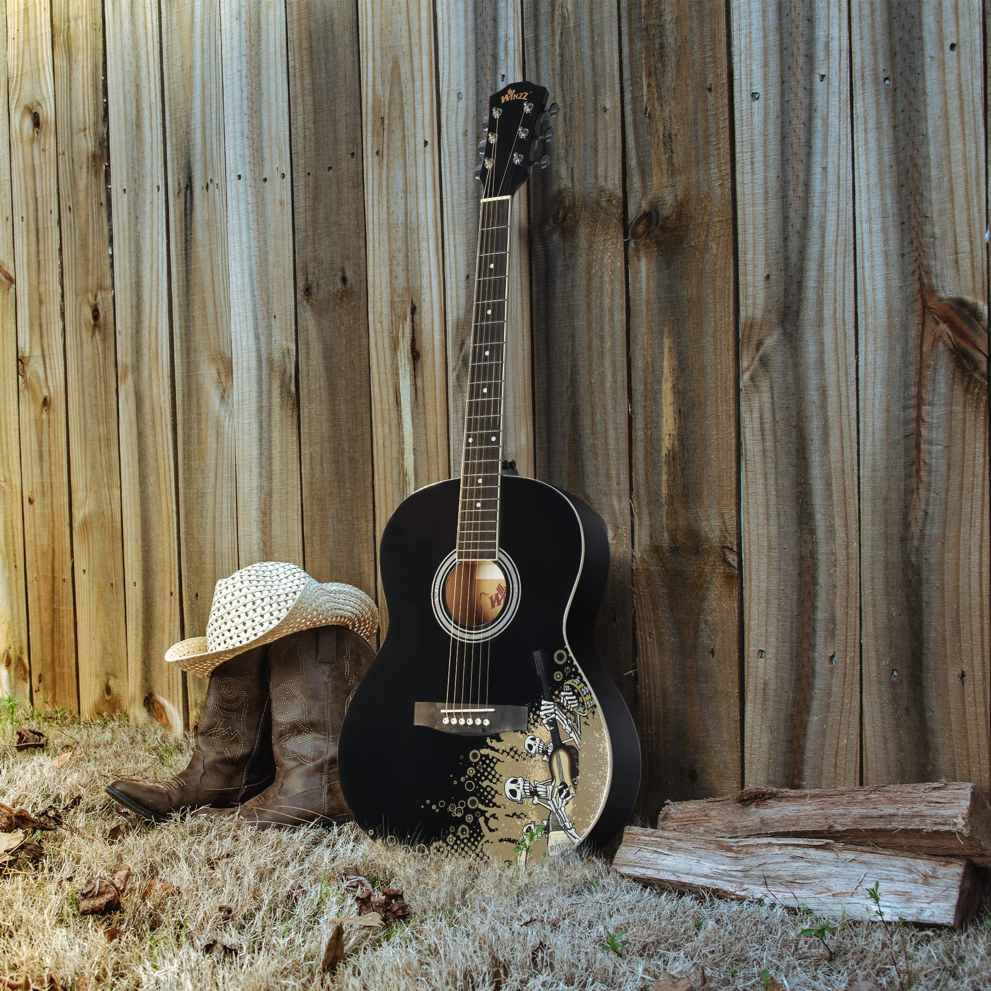 WINZZ AF227A 39 Inches Concert Acoustic Acustica Guitar with Full Kit, Rock Skull