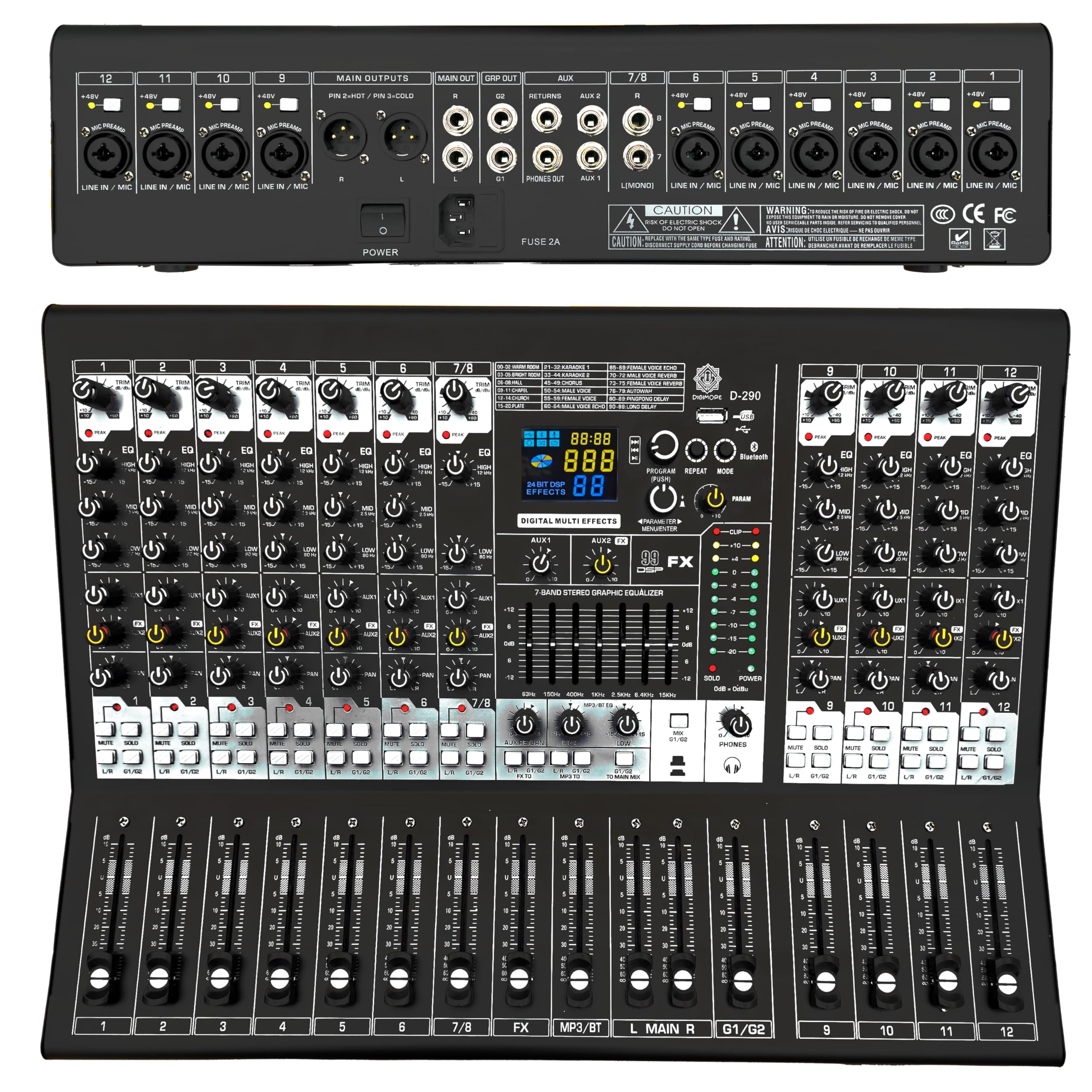 Digimore 12-Channel Live Audio Mixer | 99 Dsp 24-Bit Effector | Bt 5.1 & Usb Mp3 Playback | 2 Aux & 2 Group Outs | 7-Band Eq | I