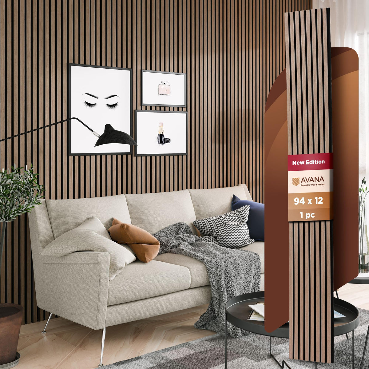 Avana Modern Acoustic Wood Wall Panels - 94.4 X 12.6 Inch Smoke Walnut Acoustic Panels 1 Pc - Wall Panels For Interior Wall Deco