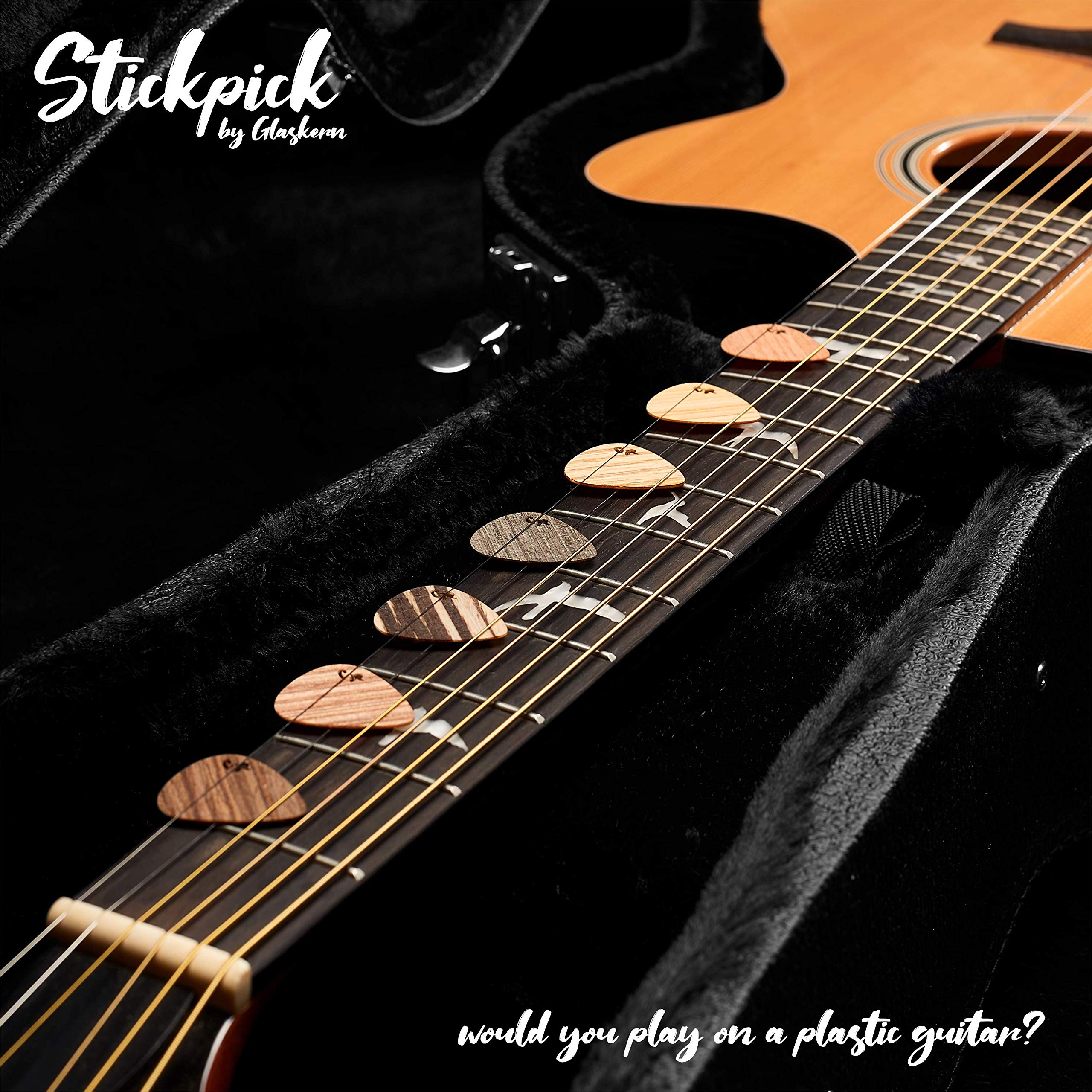 Stickpick | Set of 7 flexible guitar picks made of real wood | For electric, acoustic and bass guitars in various strengths | In
