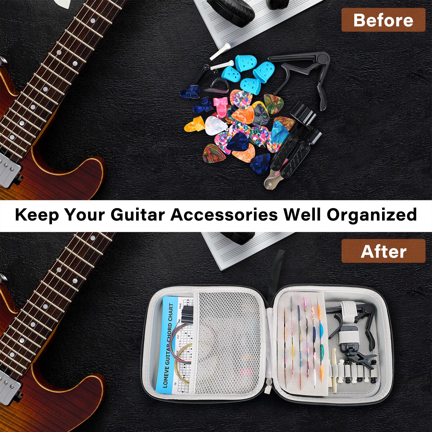 LOMEVE 85PCS Guitar Accessories Kit Holder Case Include Acoustic Strings, Tuner, Capo, 3-in-1 Restring Tool, Picks, Pick Holder,