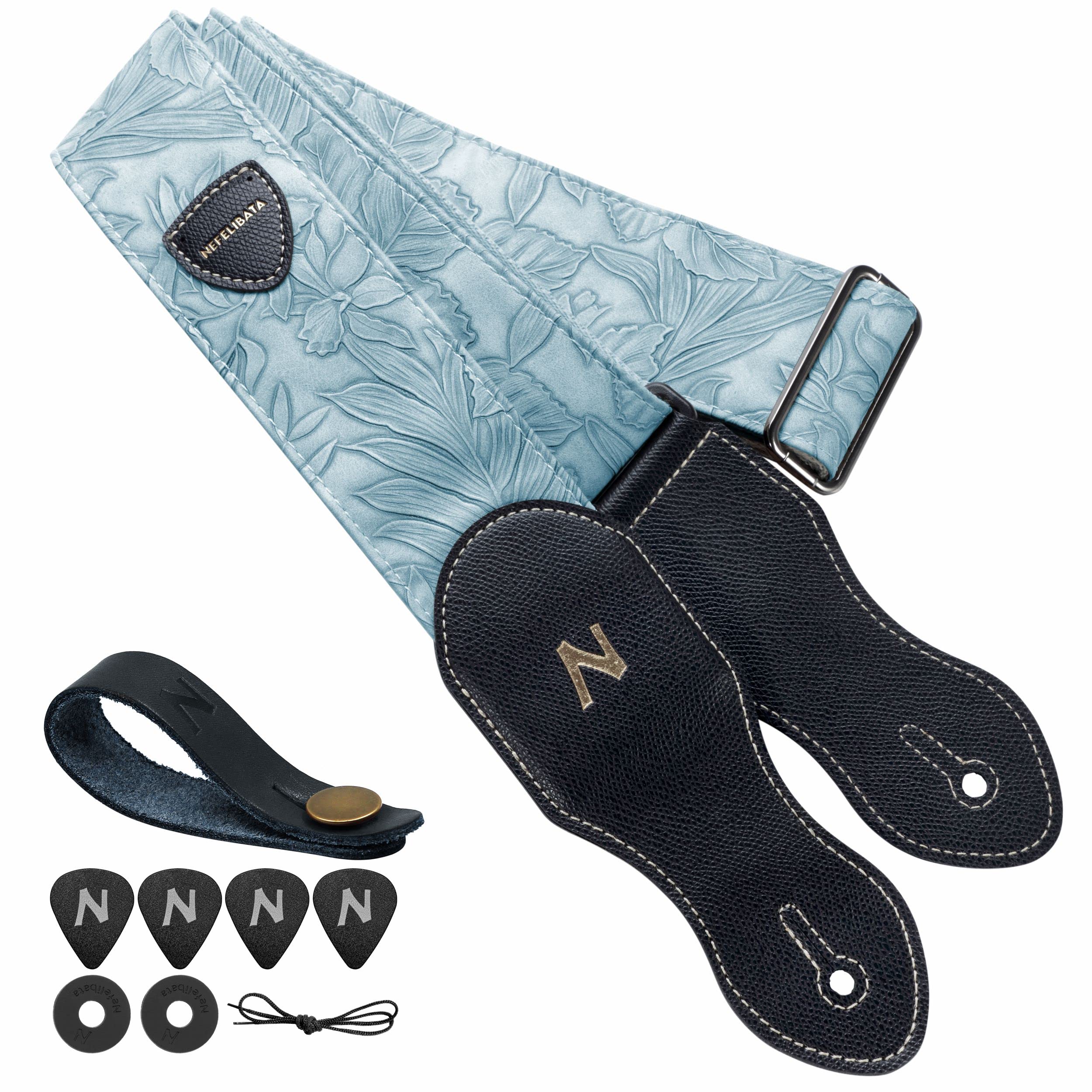 Nefelibata Guitar Strap With Pick Pocket,2.3 Inch Porter Style Leather Carving Guitar Straps With Leather Ends,60S Vintage Style