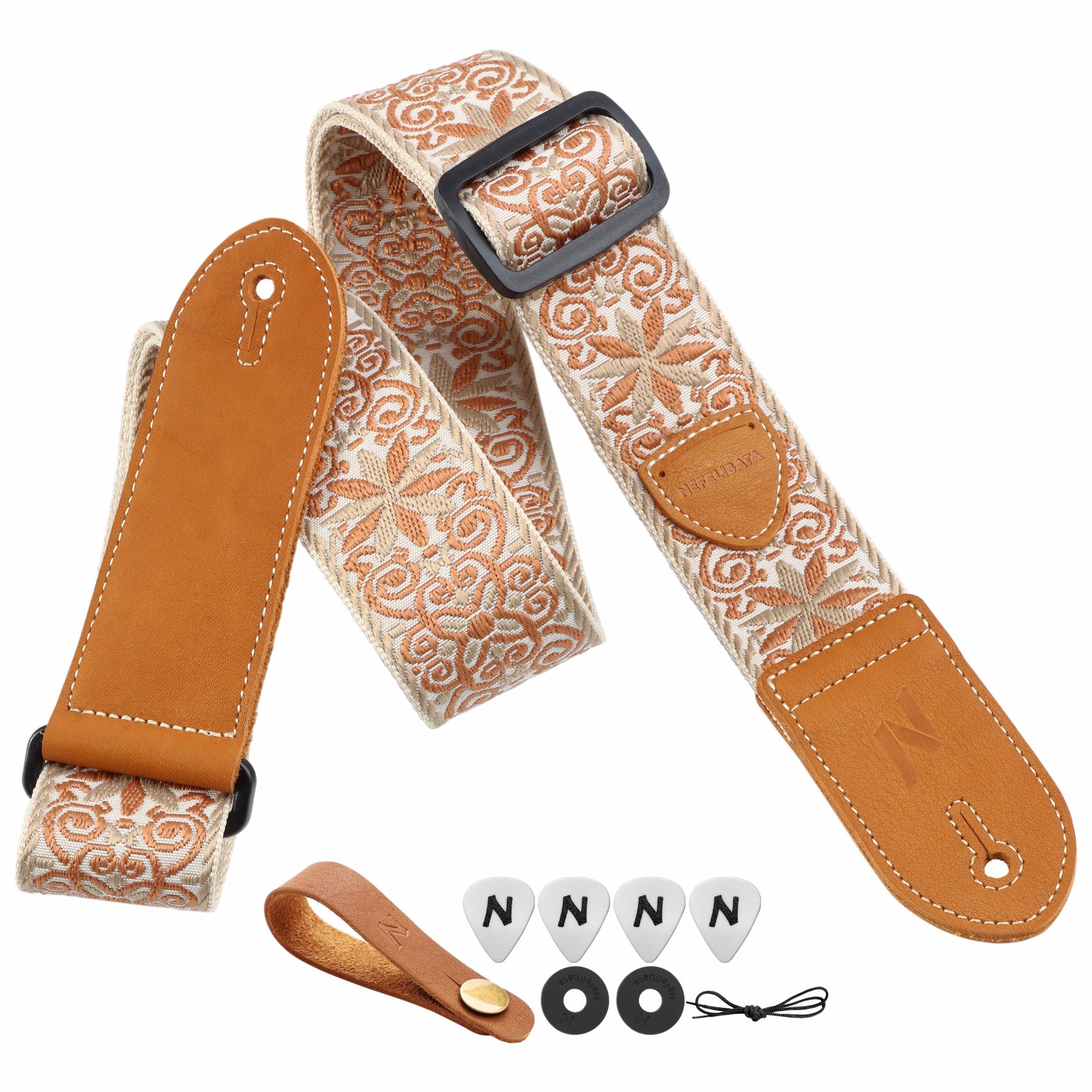 Nefelibata Guitar Strap,Double Leather Ends,Vintage Woven W/Free Bonus-4 Picks+Strap Locks+Strap Button,Best Gift For Bass,Elect