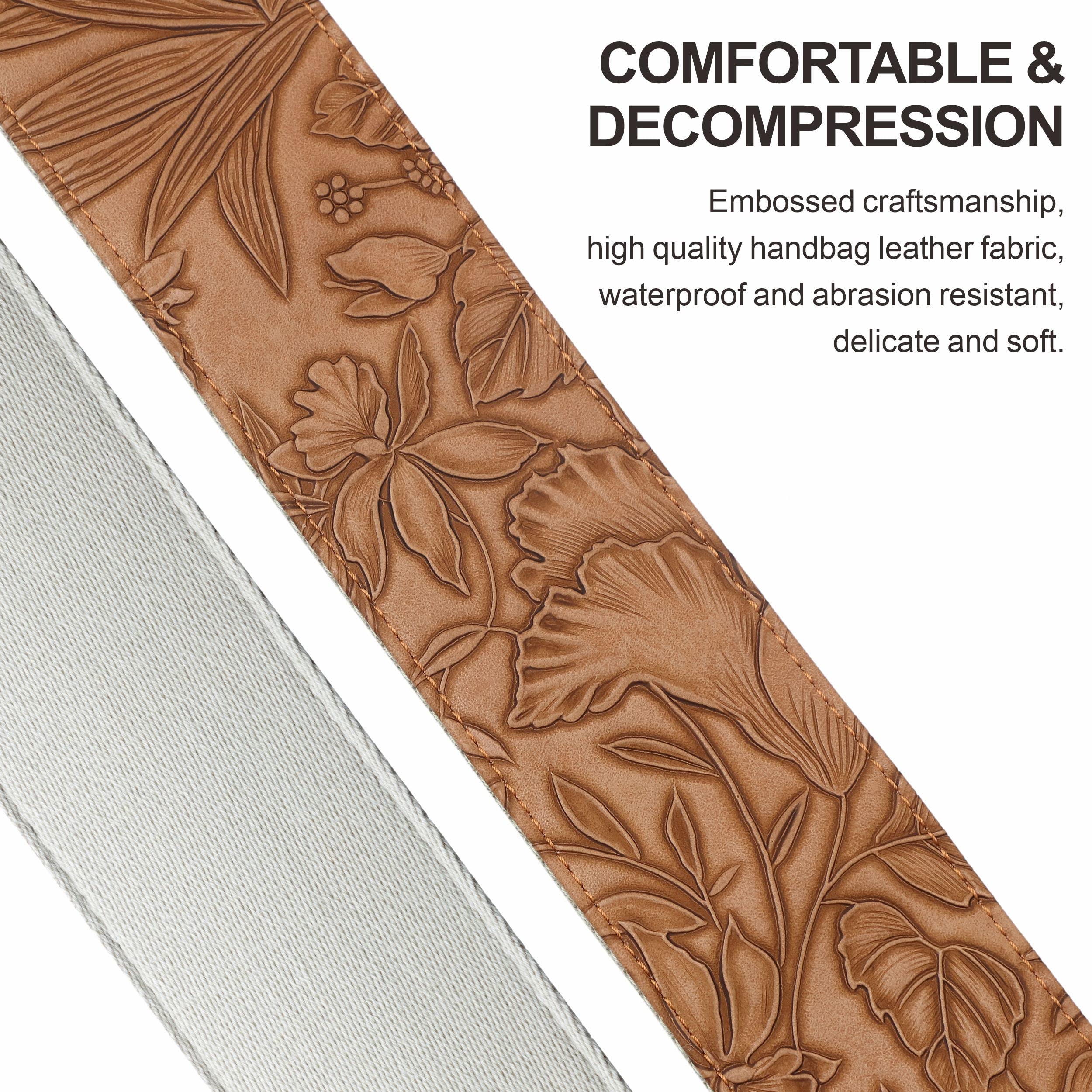 Nefelibata Guitar Strap with Pick Pocket,2.3 inch Porter Style Vegan Leather Carving Guitar Straps,60s Vintage Style(Brown Yello