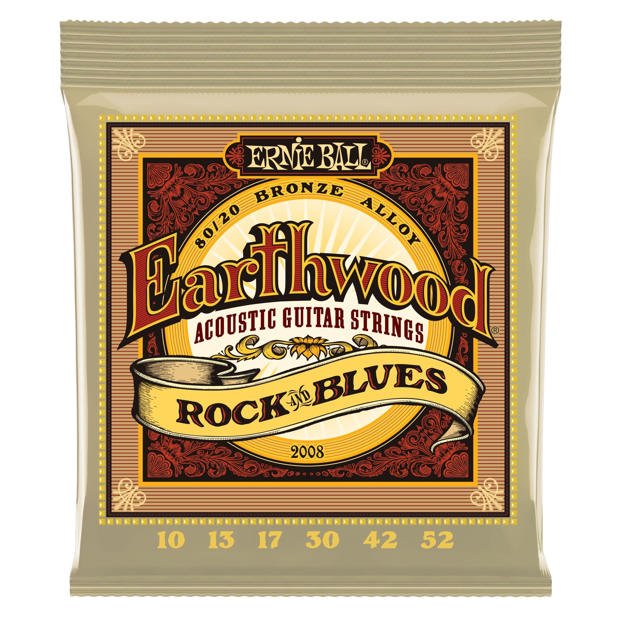 Ernie Ball Earthwood Rock & Blues 80/20 Bronze Acoustic Guitar Strings, 10-52 Gauge (P02008)