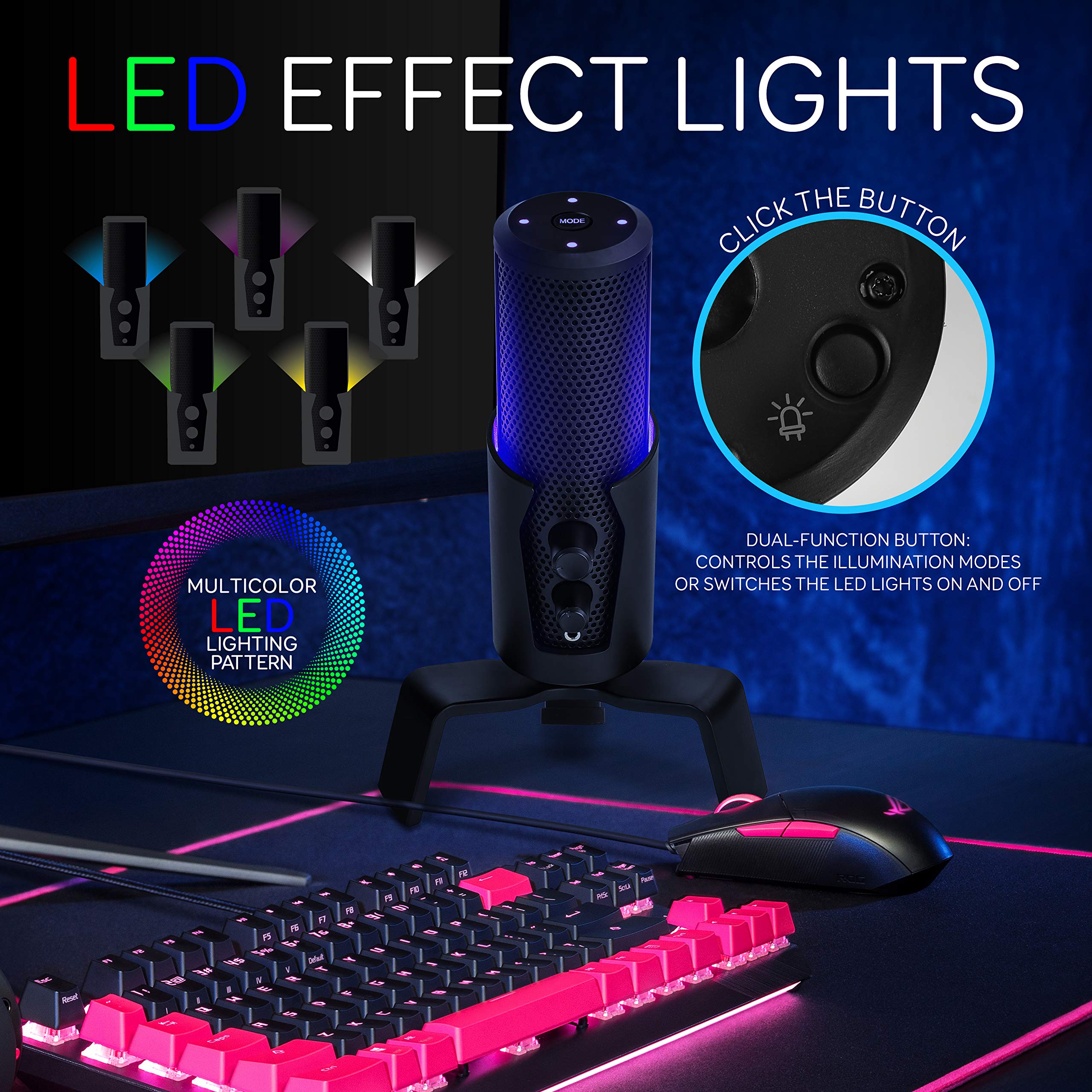 Pyle Selectable Pickup Pattern RGB USB Microphone - 4 Recording Modes Cardioid, Bidirectional, Stereo, Omnidirectional - Condens