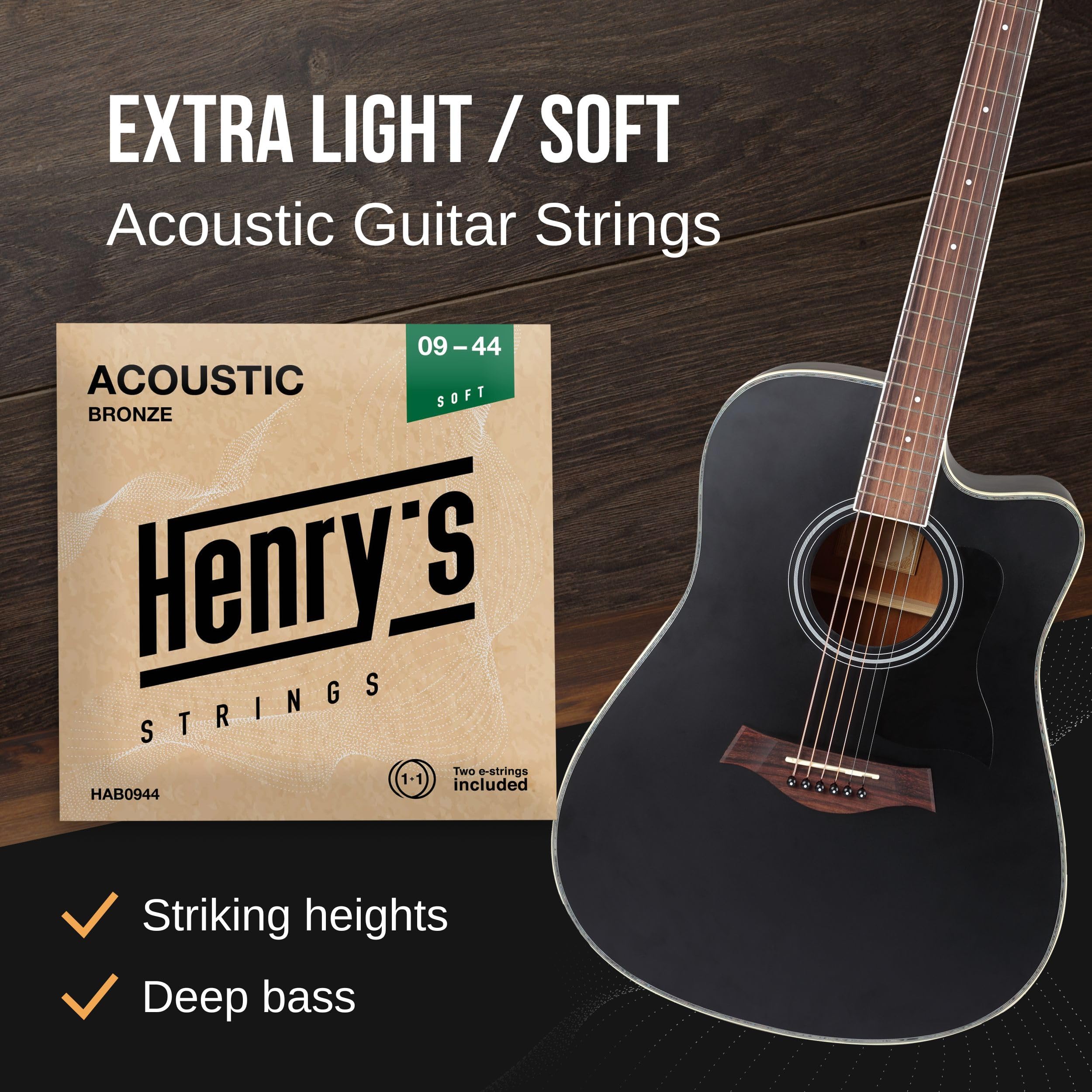 Extra Light Acoustic Guitar Strings 09-44 - Easy On Fingers & Excellent Sound - Extra E-1 String & 3 Guitar Picks - Super Light