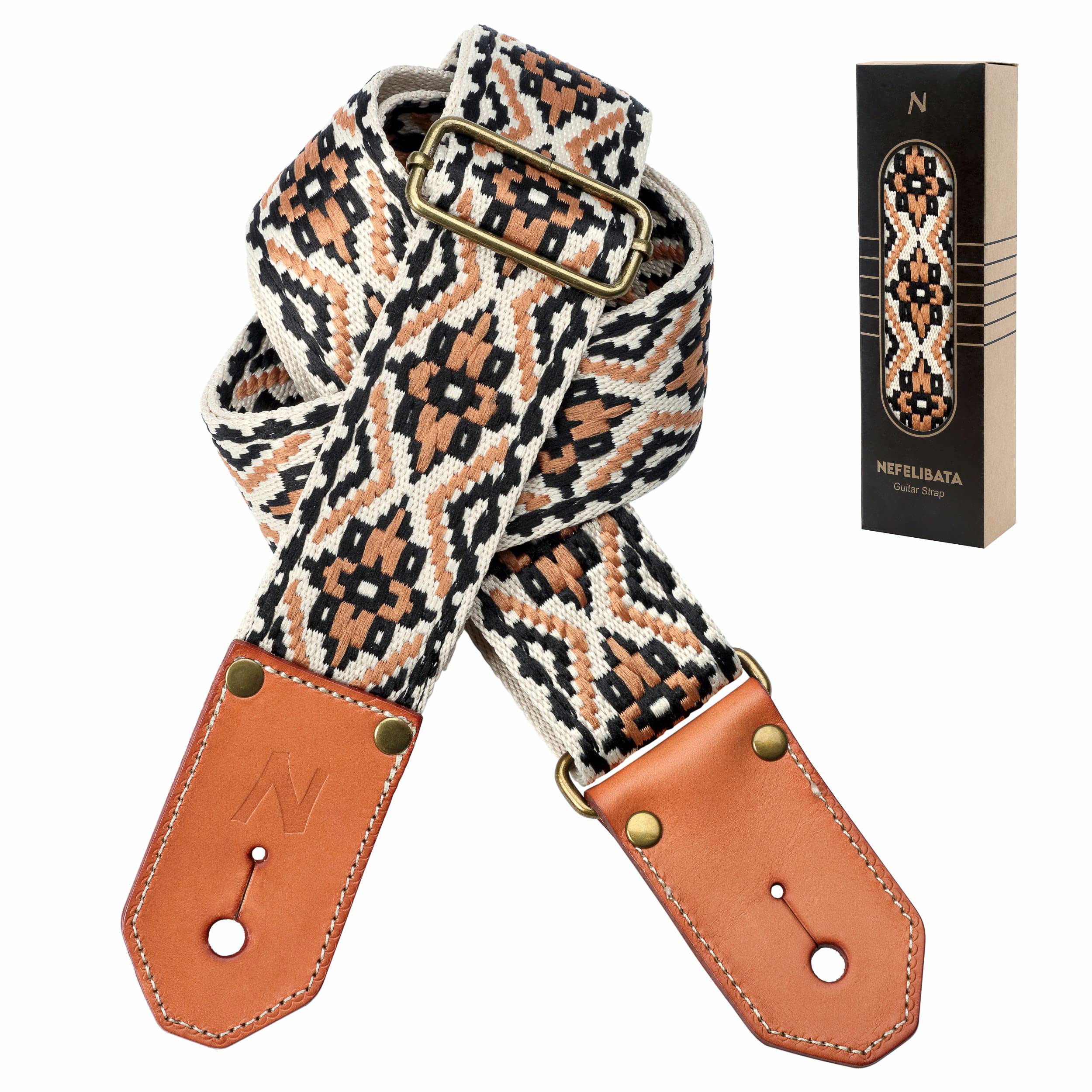 Nefelibata Cool Woven Guitar Strap - Cotton Guitar Straps With Thicked First Layer Vegetable Tanned Cowhide Leather Ends For Aco