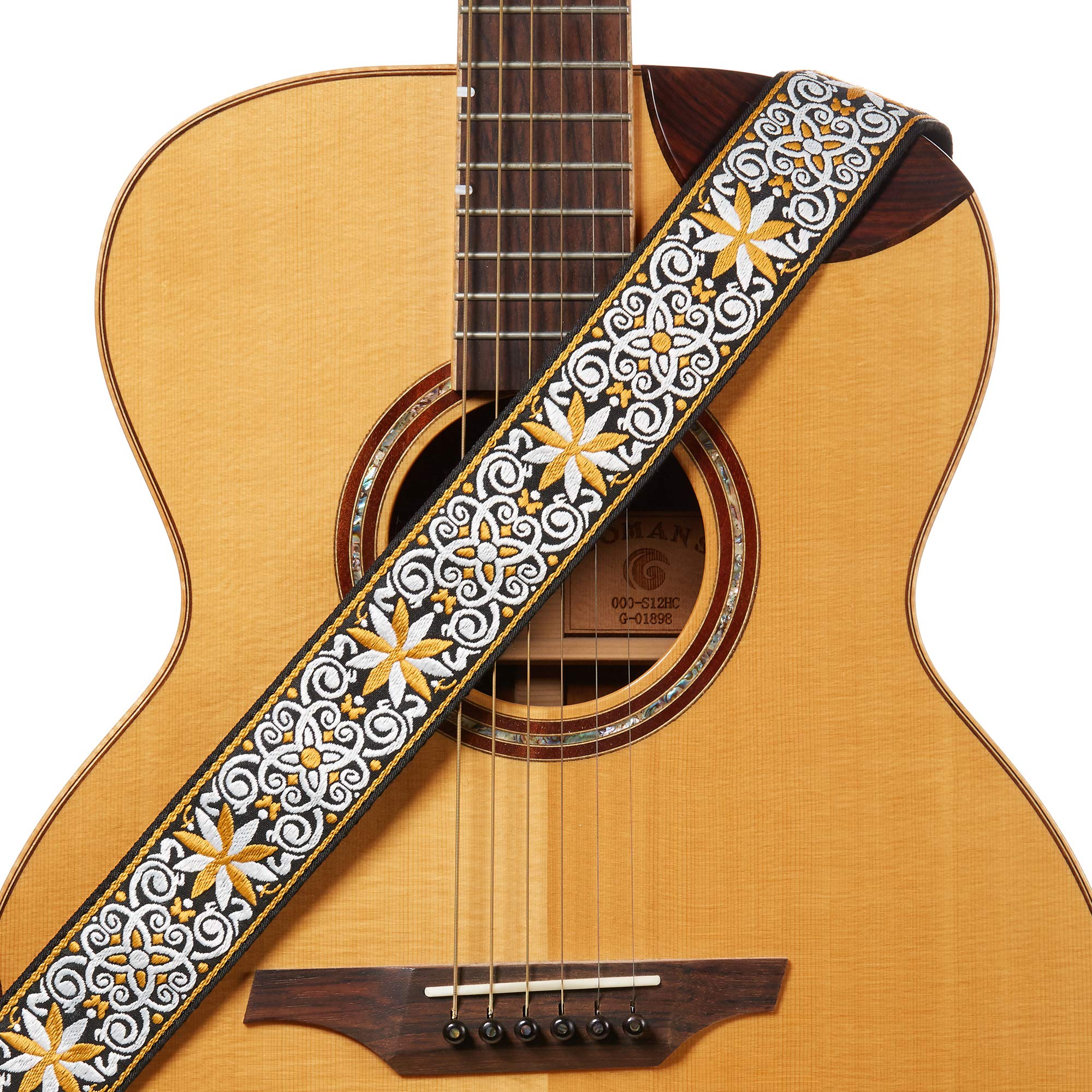 Amumu Hootenanny Embroidery Guitar Strap Yellow Cotton For Acoustic, Electric And Bass Guitars With Strap Blocks & Headstock Str