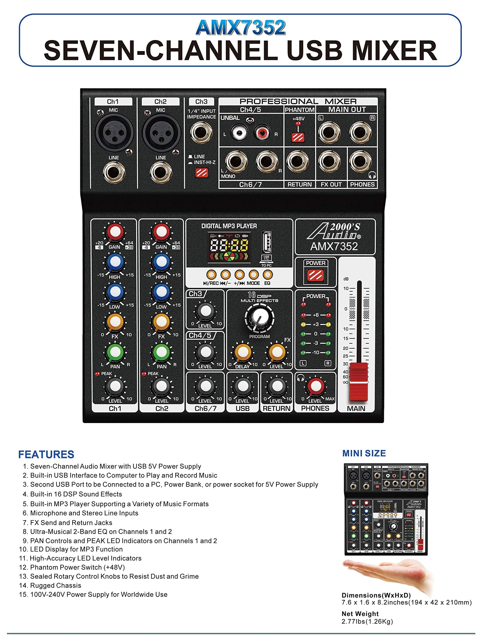 Audio2000'S AMX7352 Seven-Channel Audio Mixer with USB 5V Power Supply, USB Interface, and Sound Effect