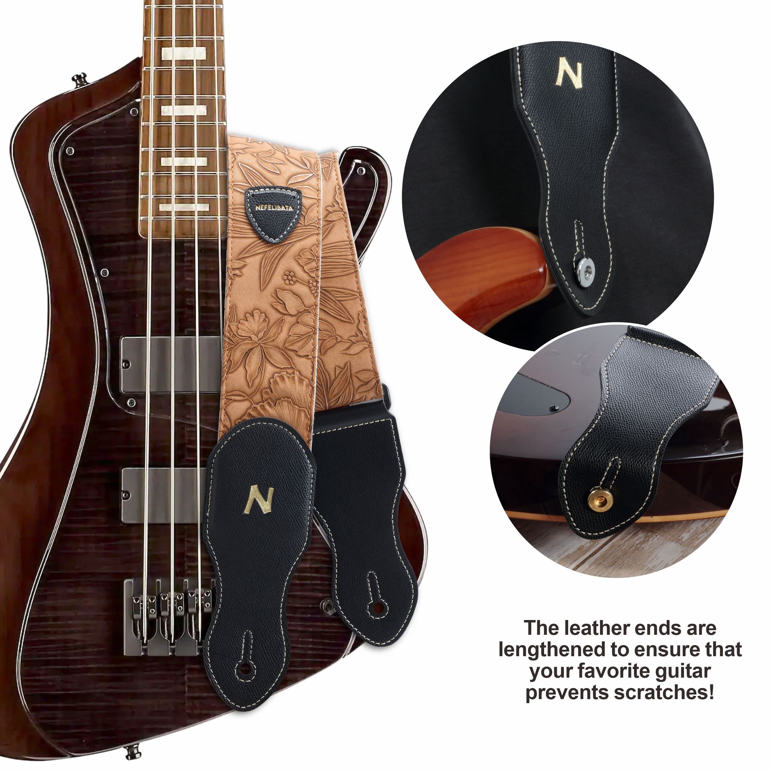 Nefelibata Guitar Strap with Pick Pocket,2.3 inch Porter Style Vegan Leather Carving Guitar Straps,60s Vintage Style(Brown Yello