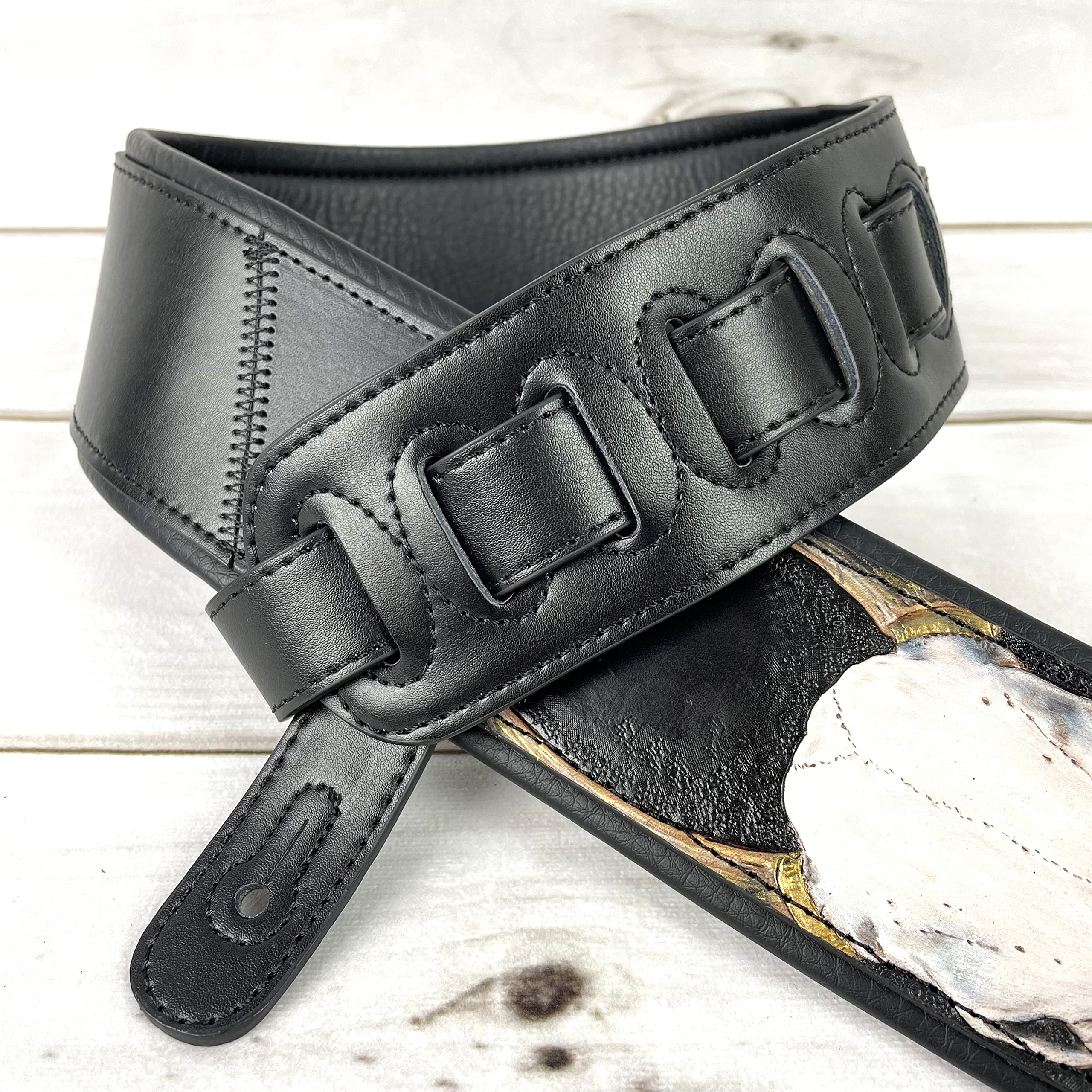 Walker And Williams KB-61 Handmade Carved Longhorn Skull Guitar Strap On Premium Matte Black Leather For Acoustic, Electric, And