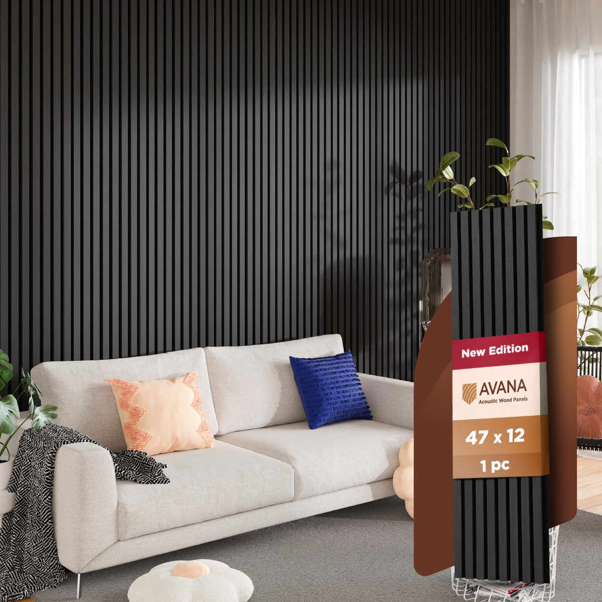 Avana Modern Acoustic Wood Wall Panels - 47.2 X 12.6 Inch Black Oak Acoustic Panels 1 Pc - Wall Panels For Interior Wall Decor F