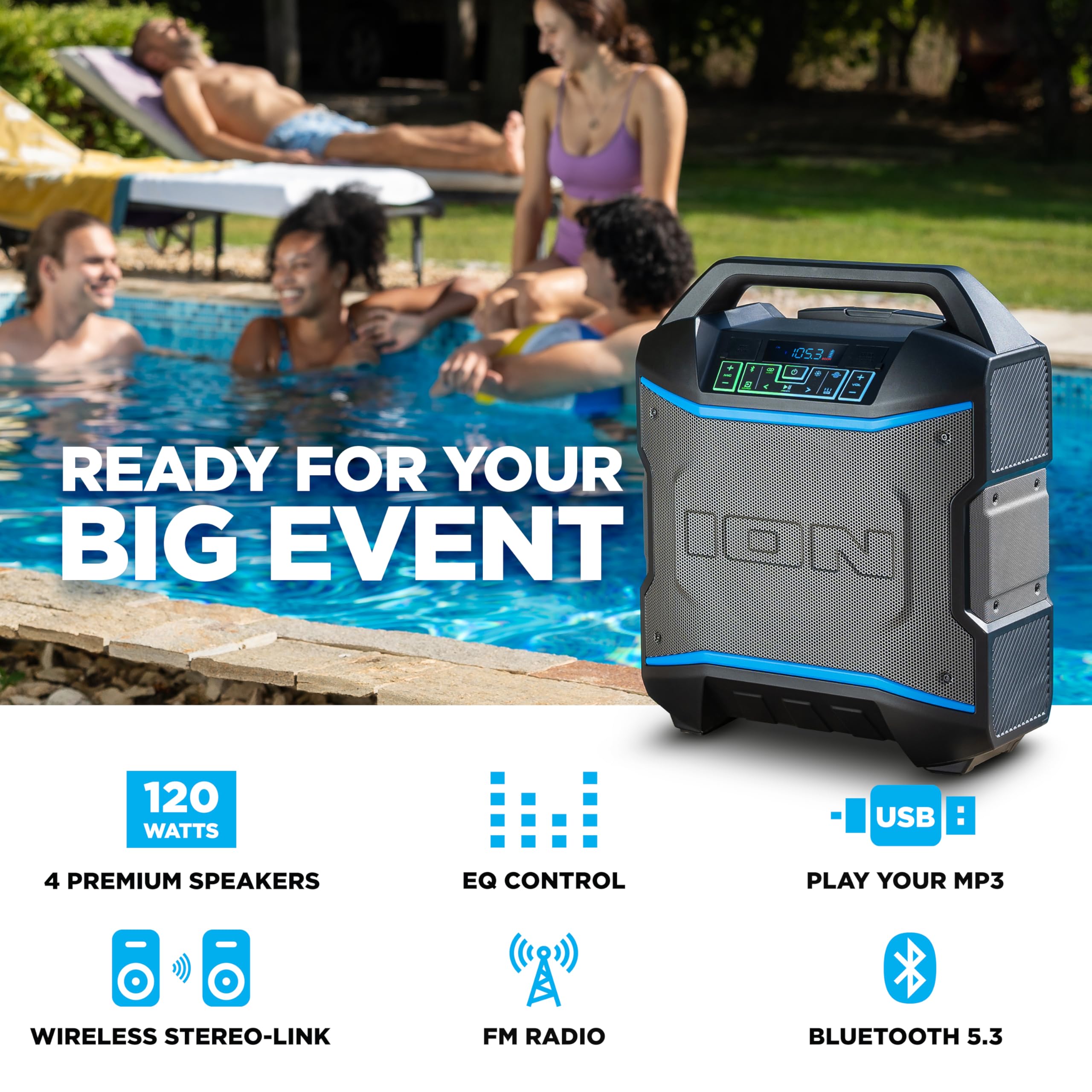 ION Block Rocker - Portable Bluetooth Outdoor Party Speaker with Karaoke Microphone, Battery, 4 Speakers, Radio, USB Port, App,