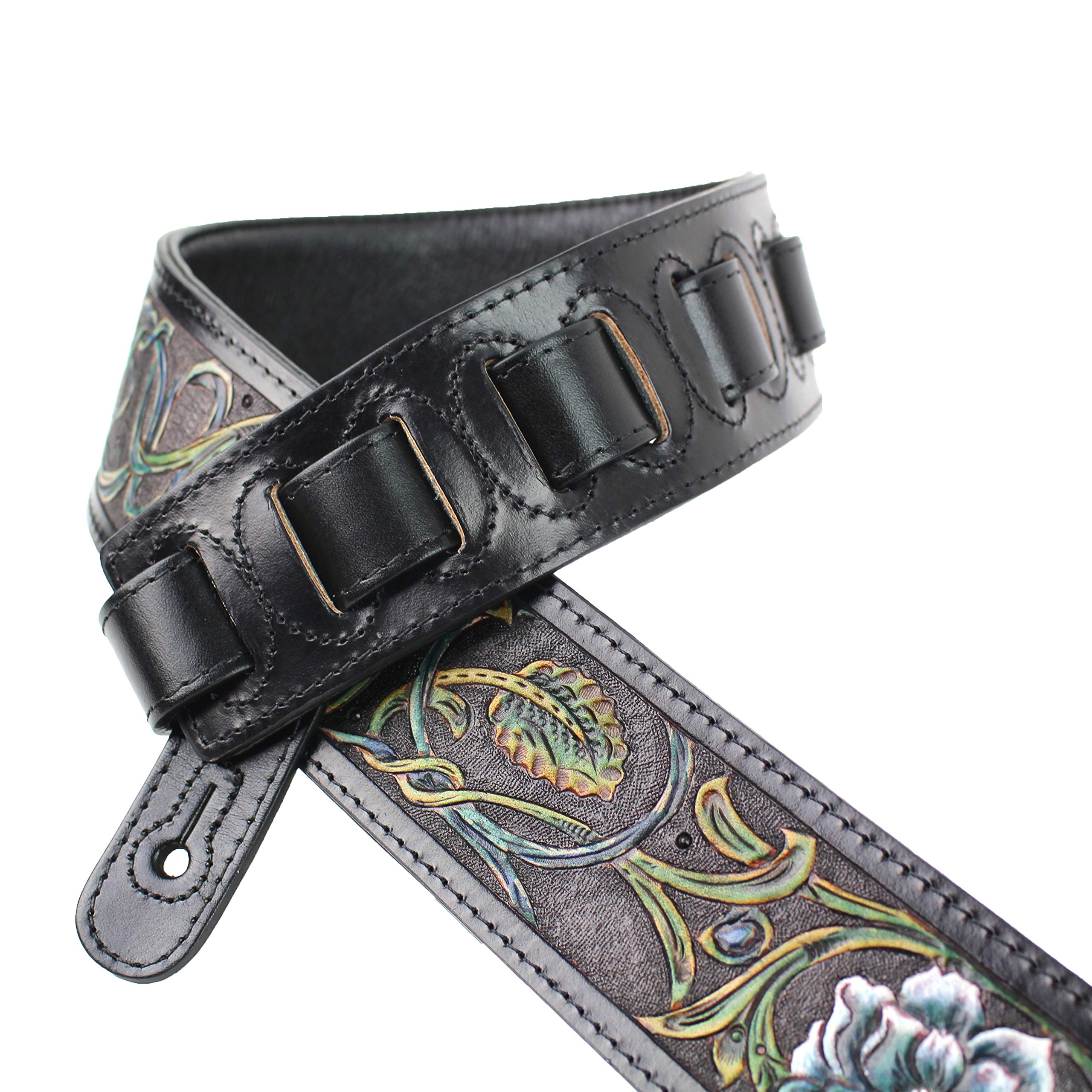 Walker And Williams LHR-13 Handmade Black Premium Carved Leather Guitar Strap With Prussian Blue And White Western Floral Carvin
