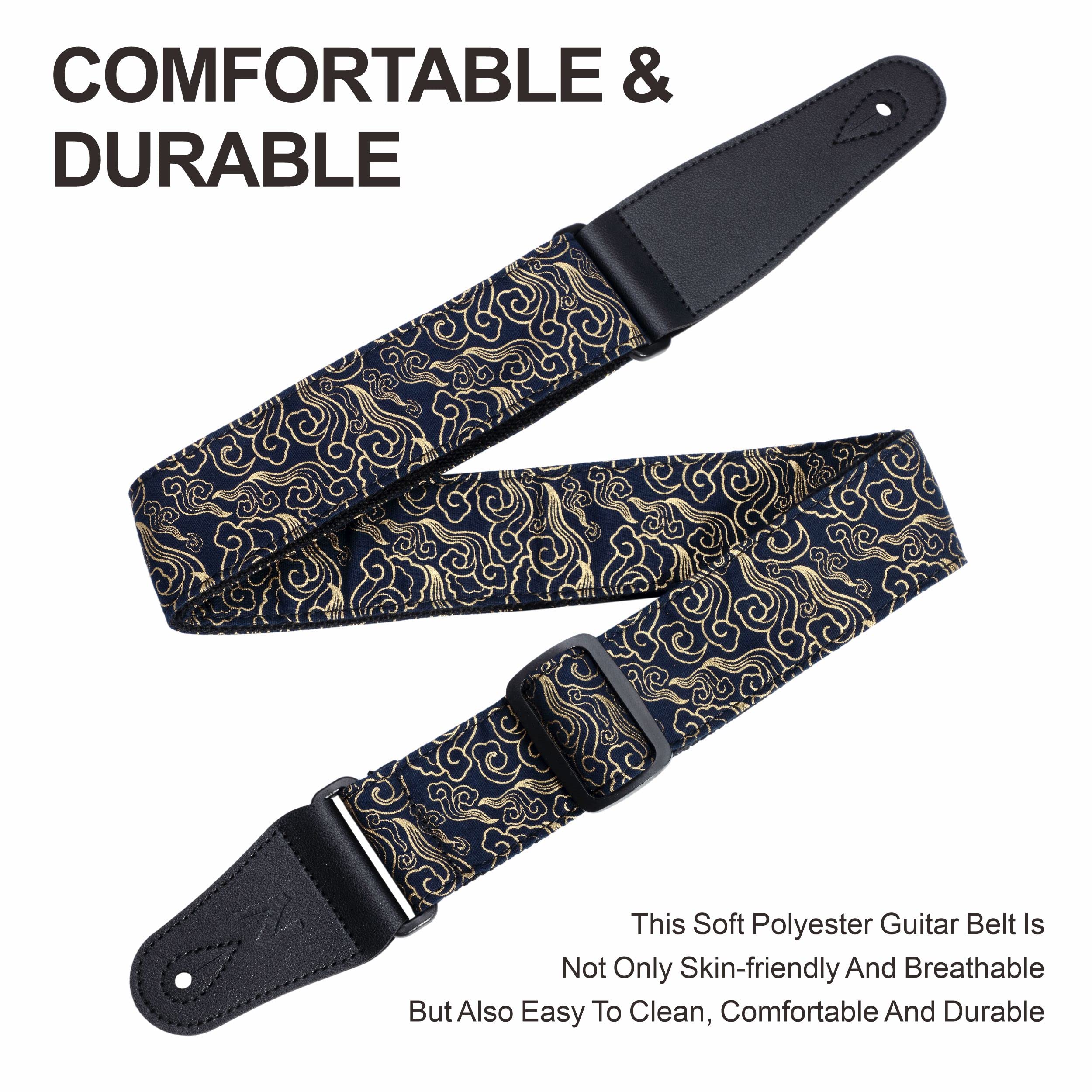 Nefelibata Guitar Strap Japan Printed Cotton Original Design Adjustable Guitar Strap with Long Leather Ends,Include Strap Button