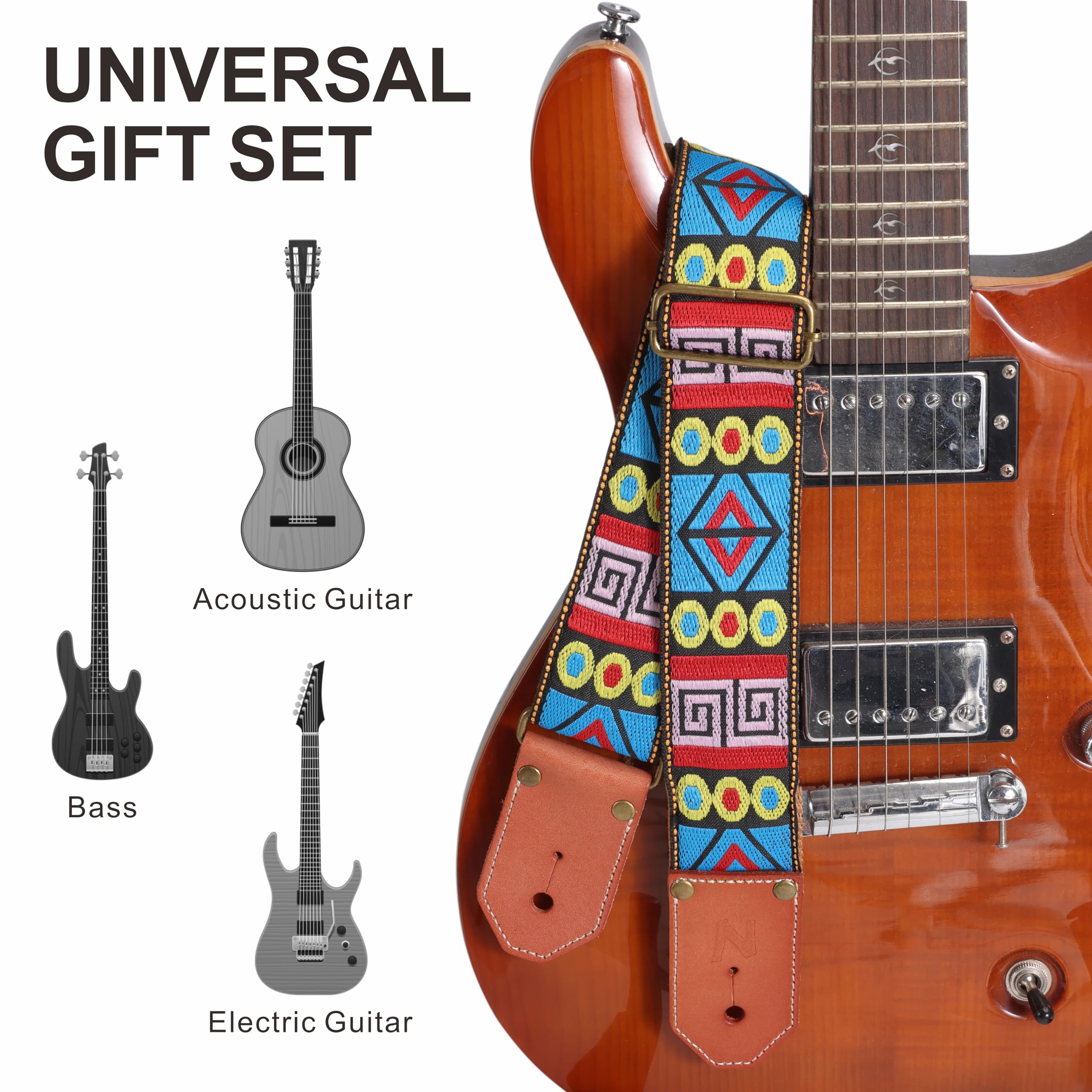 Nefelibata Guitar Strap Cotton with Thicked First Layer Vegetable Tanned Cowhide Leather Ends for Acoustic, Bass, Electric Guita