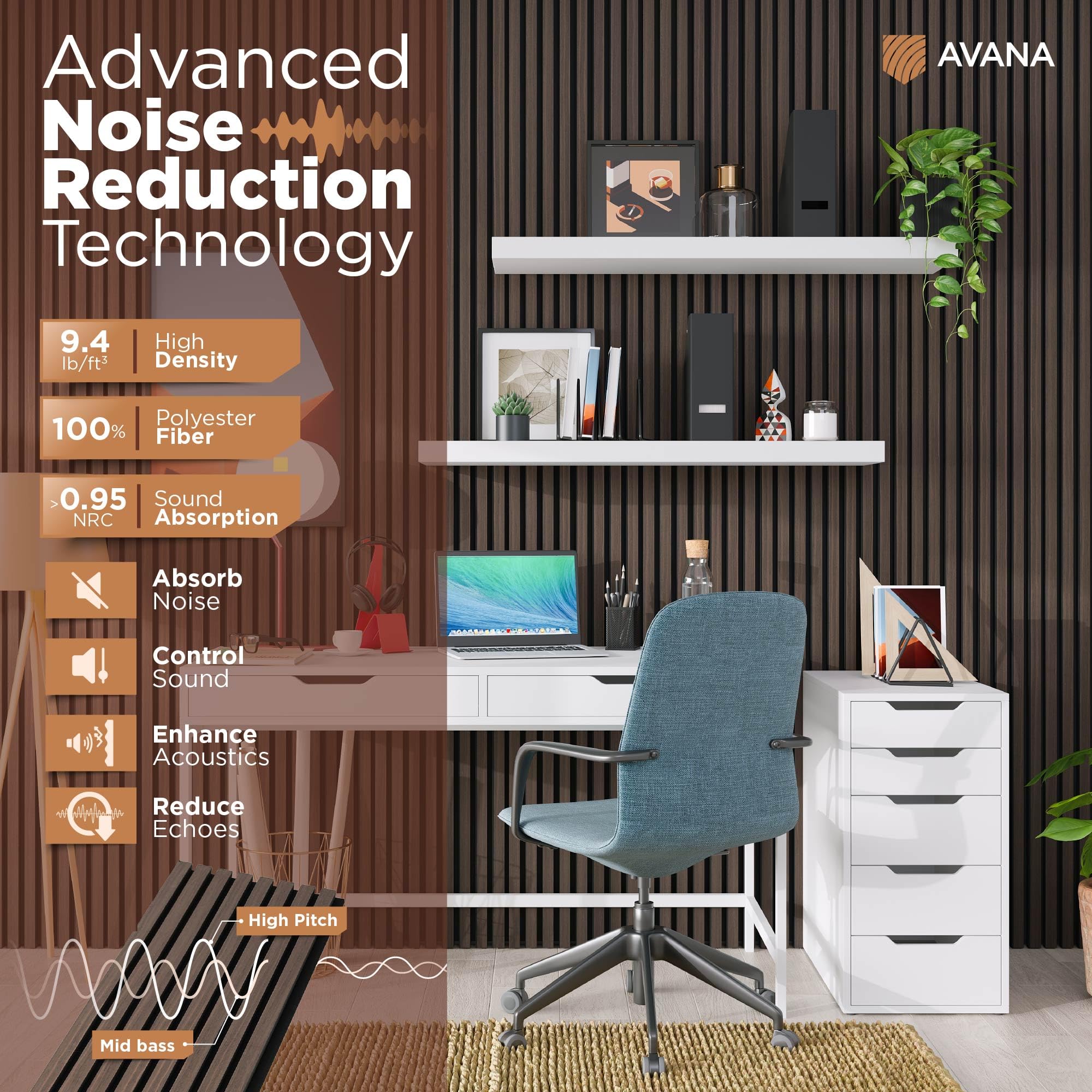 Avana Modern Acoustic Wood Wall Panels - 94.4x12.6 Inch Dark Walnut Acoustic Panels 1 PC - Wall Panels For Interior Wall Decor F