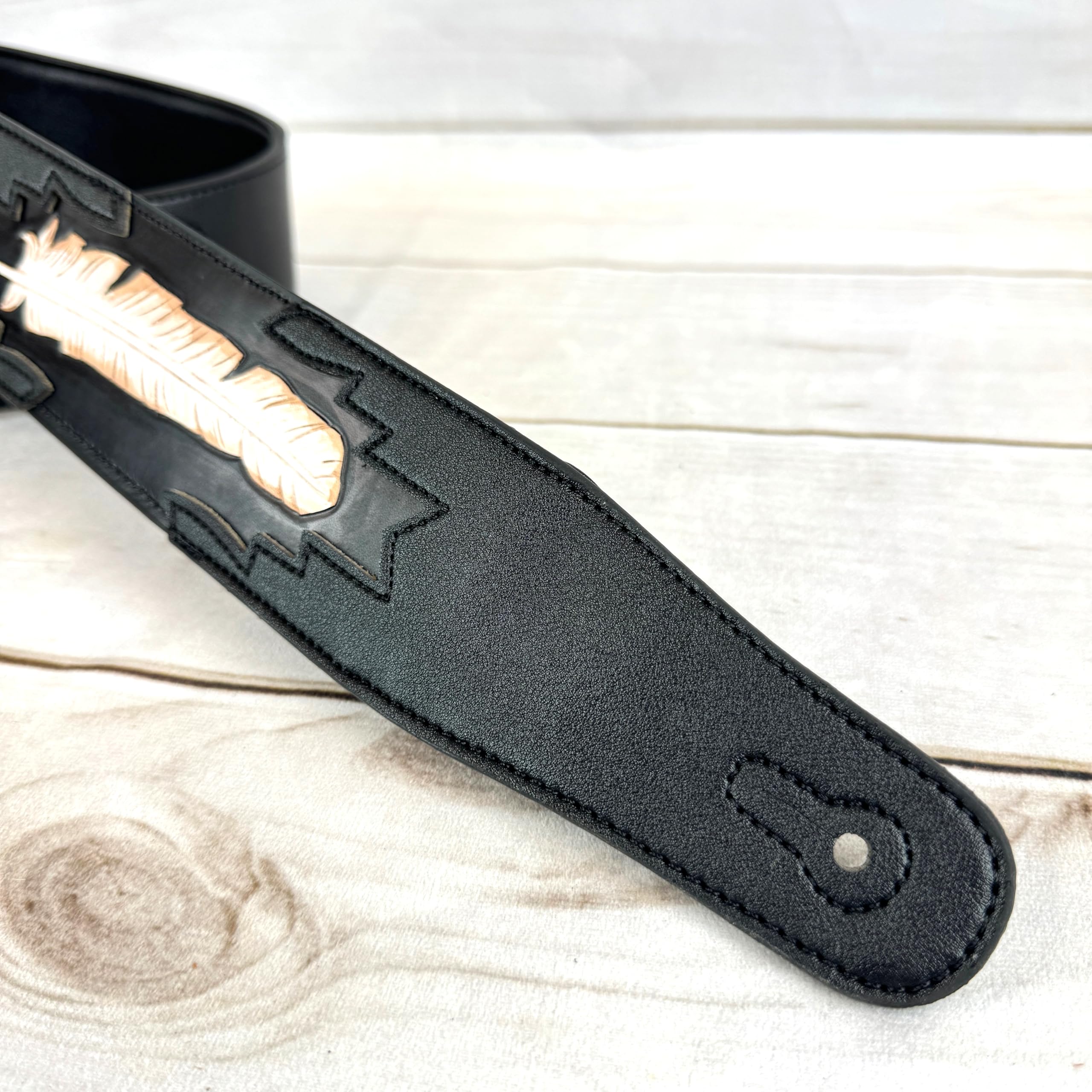 Walker & Williams CVG-115 Black Leather Padded Guitar Strap Hand Tooled Feather For Acoustic, Electric, And Bass Guitars