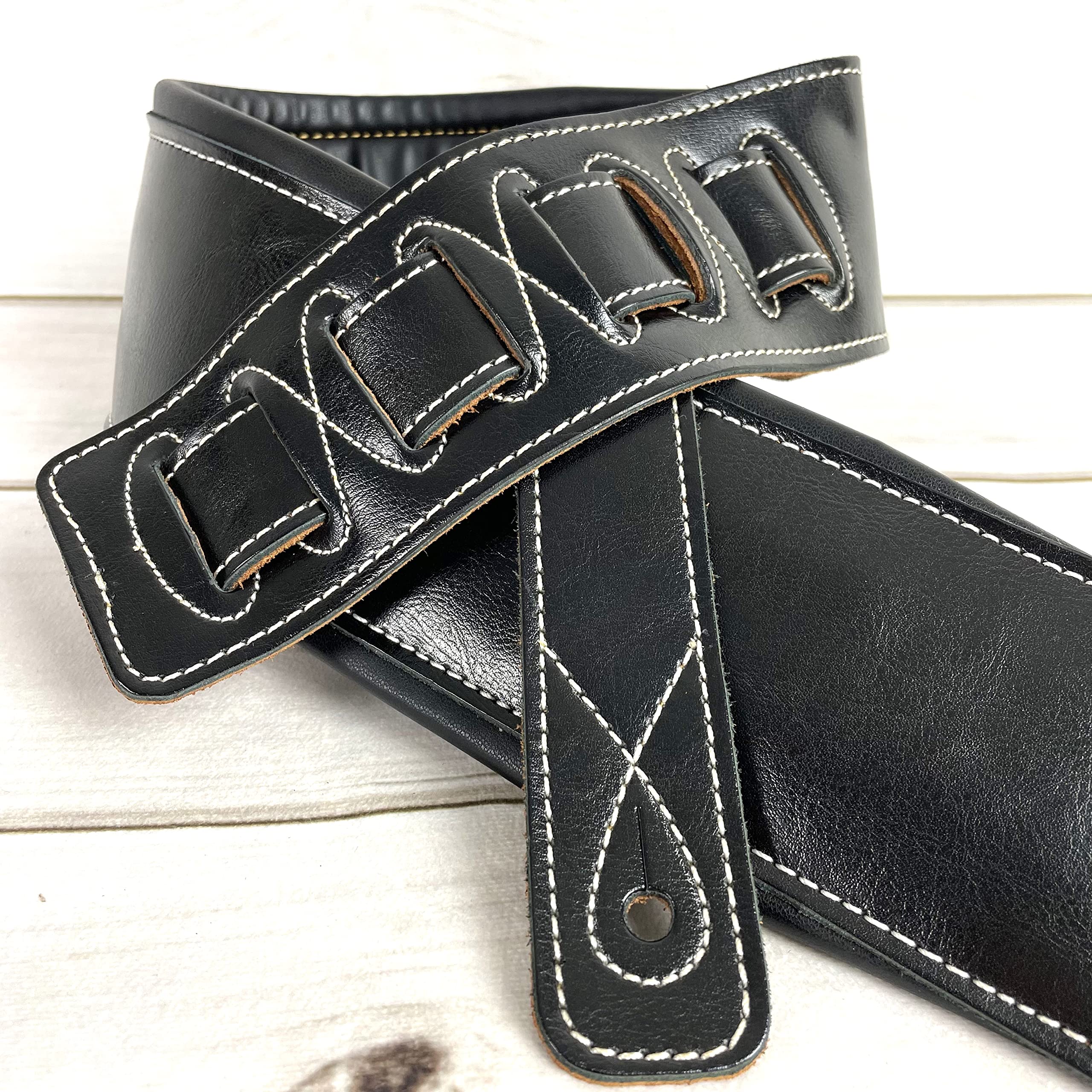 Walker & Williams B4B-XL Extra Long 4    Wide Premium Classic Black Signature Grain Leather Padded Guitar Strap Up To 58'' For A