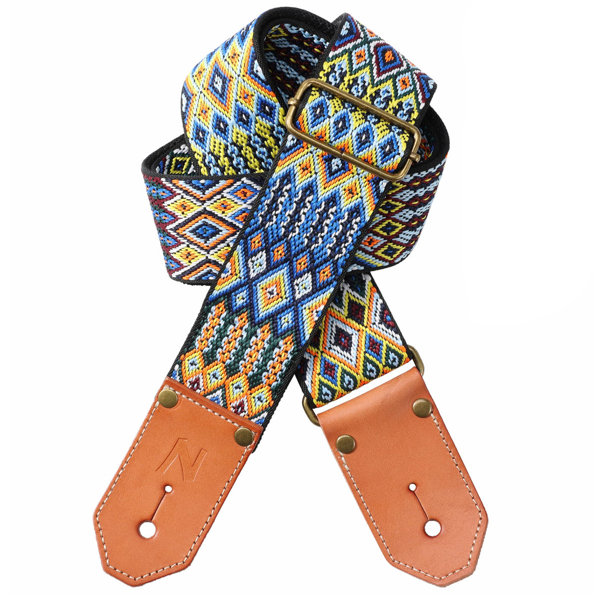 Nefelibata Woven Cotton Guitar Strap With Thicked First Layer Vegetable Tanned Cowhide Leather Ends For Acoustic, Bass, Electric