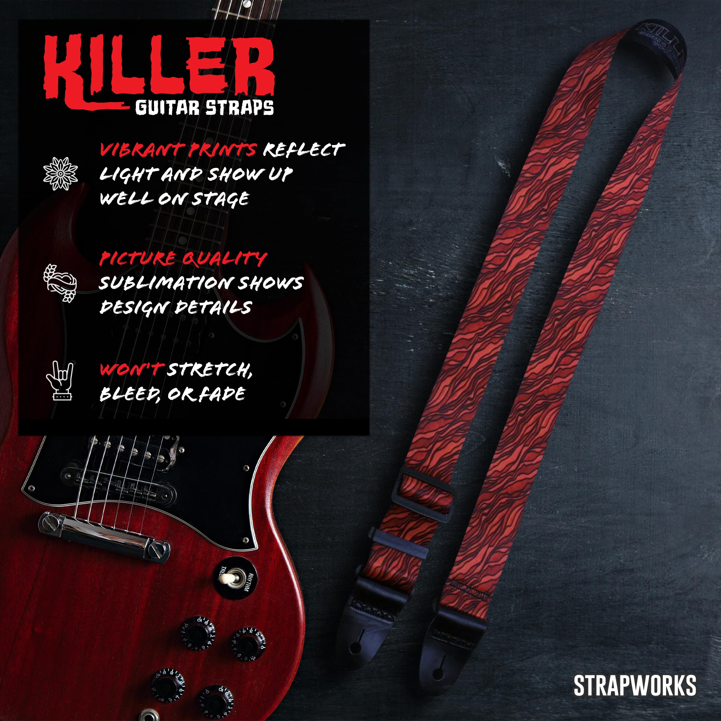Killer-Q Guitar Strap - Stylish Straps for Electric and Acoustic Guitars With Leather Tabs, 2 Inches x 5 Feet, Hot Lava
