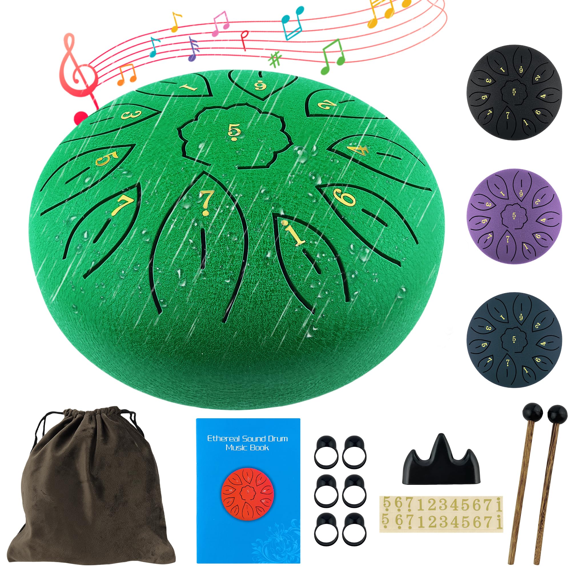 Oun Nana Rain Drum 6 Inches 11 Notes Steel Tongue Drum Accessories with Drumsticks, Holder, Finger Paddle, Music Book and Travel