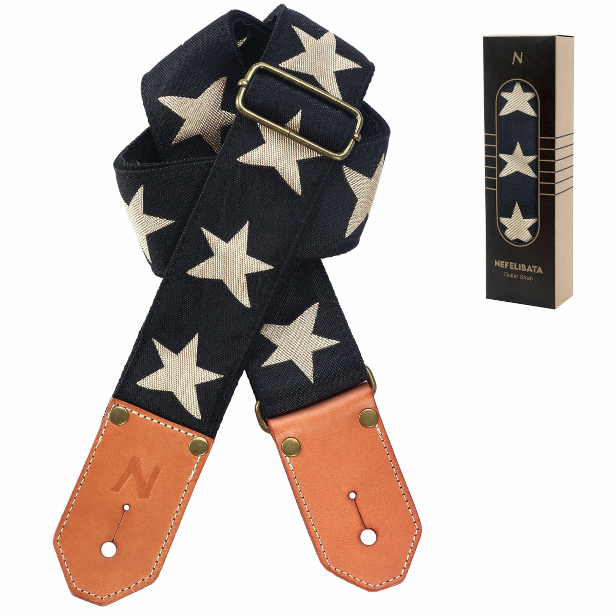 Nefelibata Cool Woven Guitar Strap -Cotton Guitar Straps With Thicked First Layer Vegetable Tanned Cowhide Leather Ends For Acou