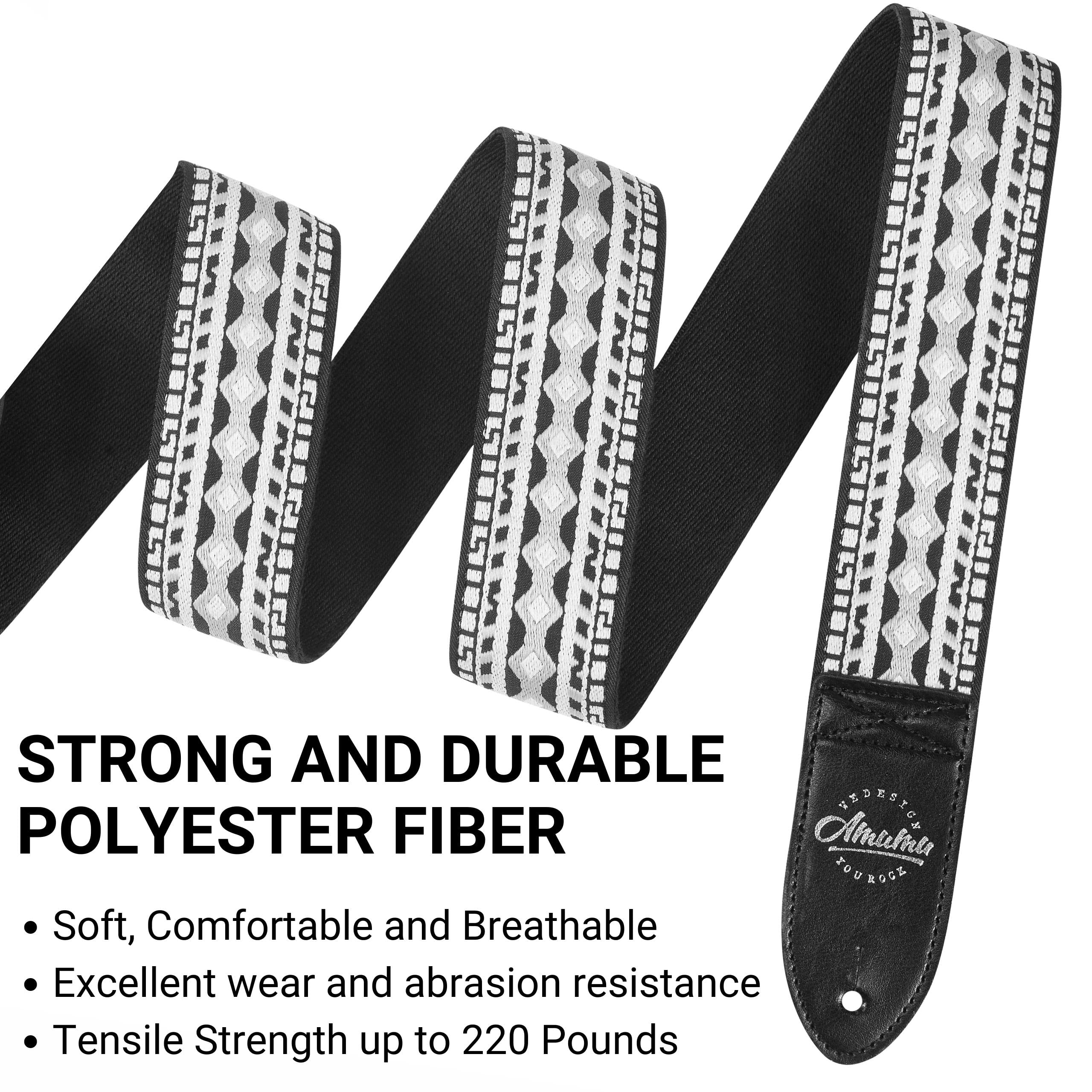 Amumu Guitar Strap Hootenanny Black White Cotton for Acoustic, Electric and Bass Guitars with Strap Blocks & Headstock Strap Tie