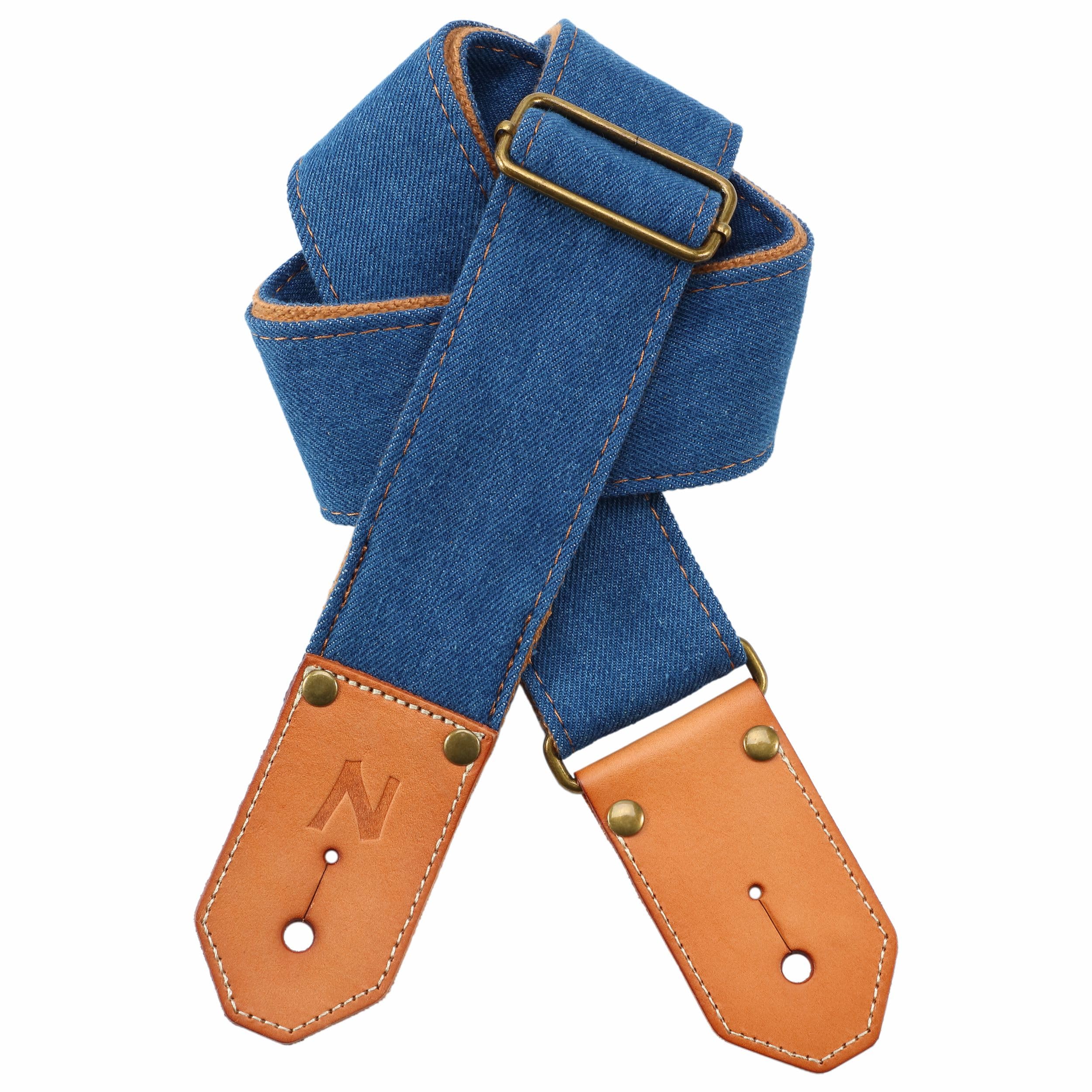 Nefelibata Guitar Strap, Blue Denim Western Guitar Straps With Thicked First Layer Vegetable Tanned Cowhide Leather Ends For Aco