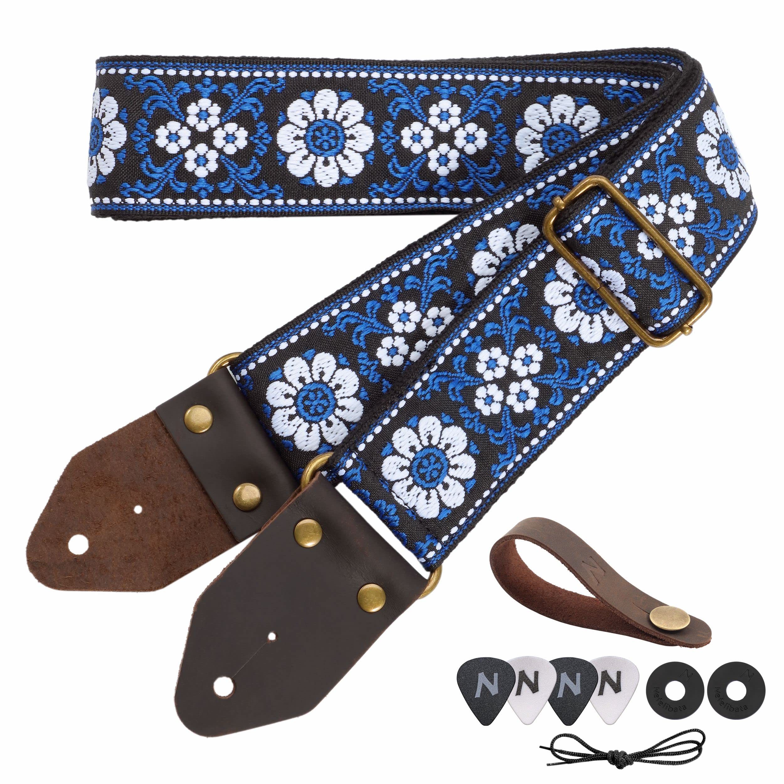 Nefelibata Guitar Strap,Jacquard Embroidery Cotton Guitar Straps With Crazy Horse Leather Ends For Bass, Electric & Acoustic, Be