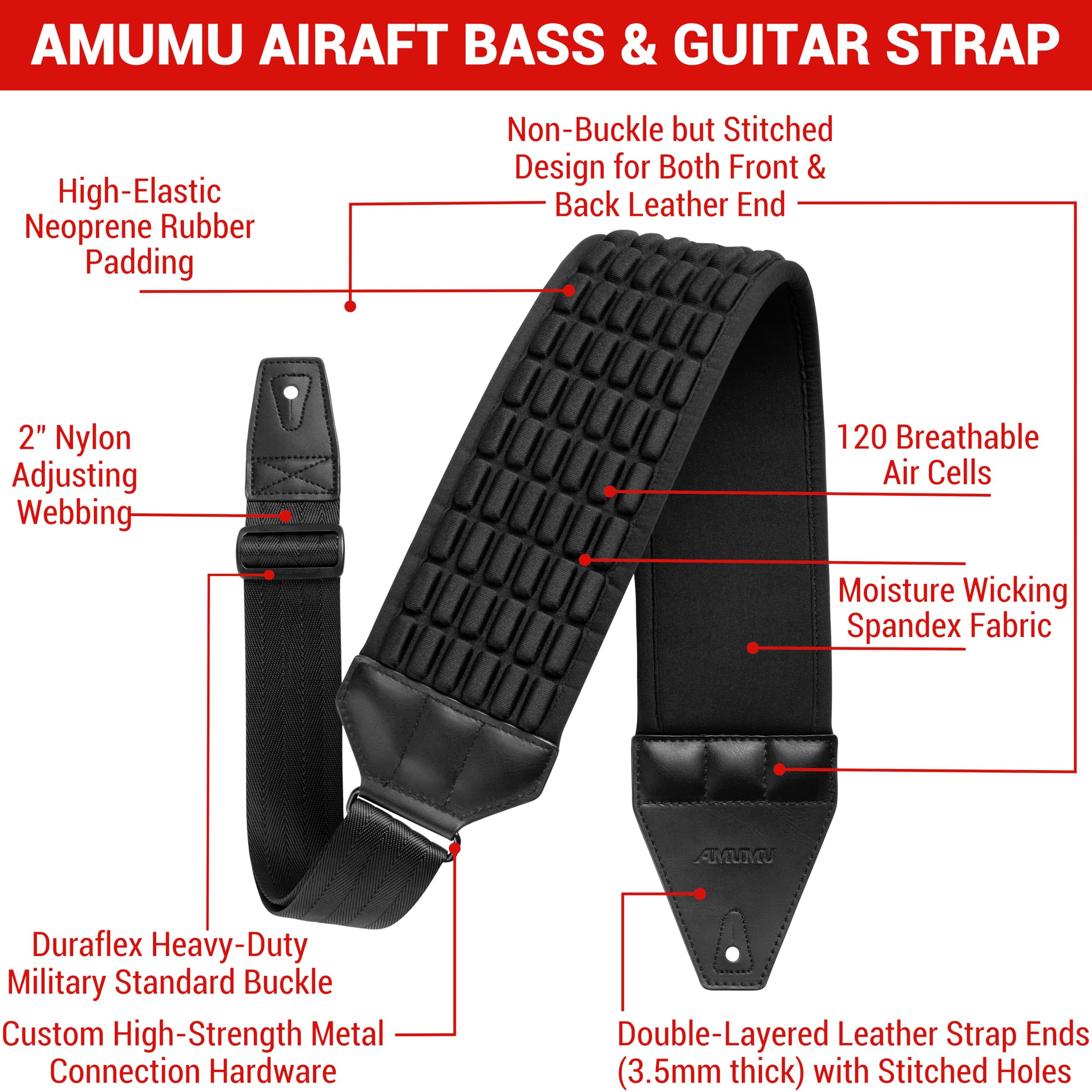 Amumu AIRAFT Bass & Guitar Strap 4'' Ultra Wide - 0.7'' Thick Breathable Convex 3D Air Cell Cushions - Neoprene Padding - Comfor
