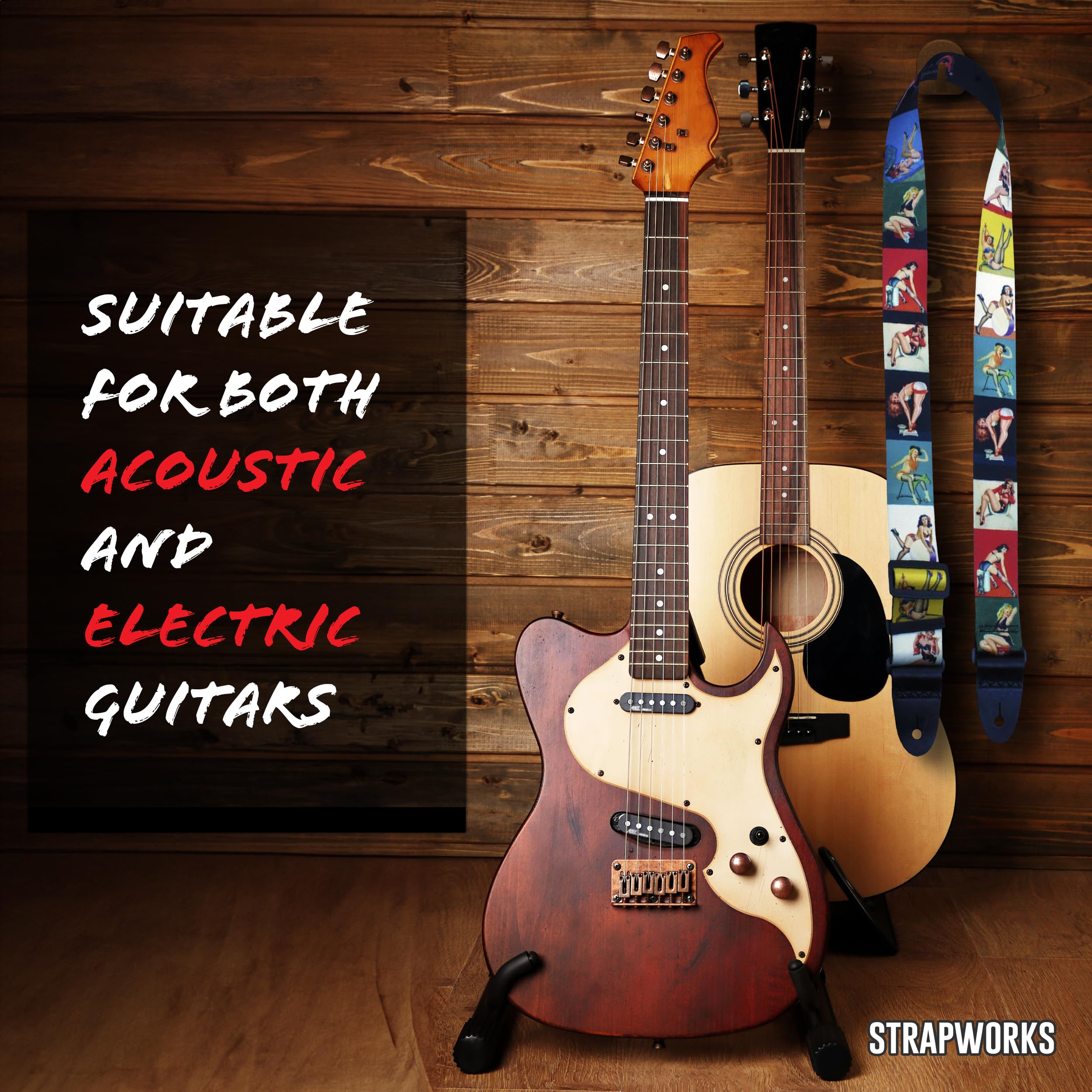 Killer-Q Guitar Strap - Stylish Straps for Electric and Acoustic Guitars With Leather Tabs, 2 Inches x 5 Feet, Pin up girls