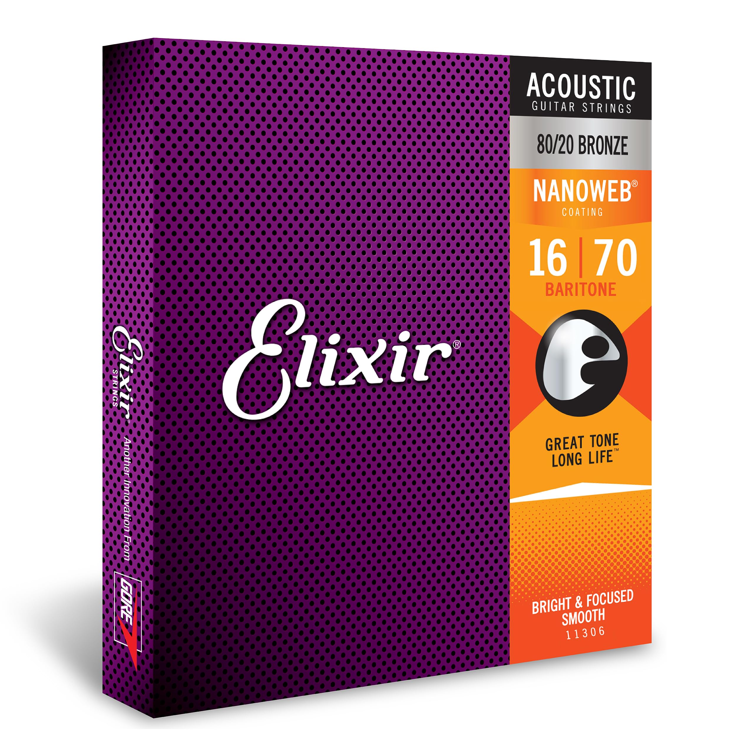 Elixir Strings - Acoustic 8020 Bronze With Nanoweb Coating - Elixir Acoustic Guitar Strings - Baritone (016-070)