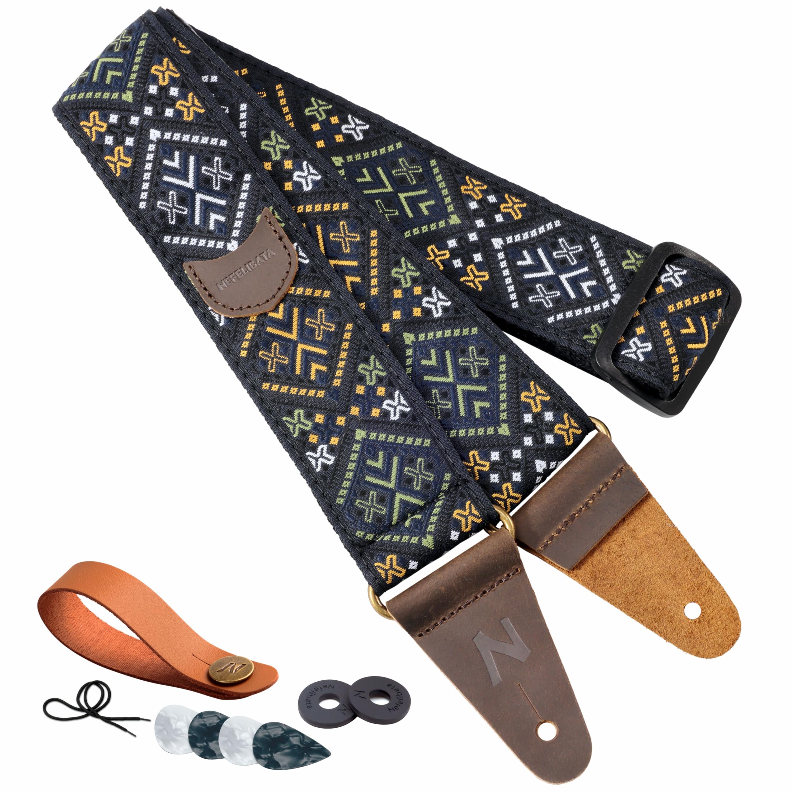 Nefelibata Guitar Strap with Pick Pocket, Head Cowhide Leather Ends Guitar Straps for Bass, Electric & Acoustic Guitar, Come wit