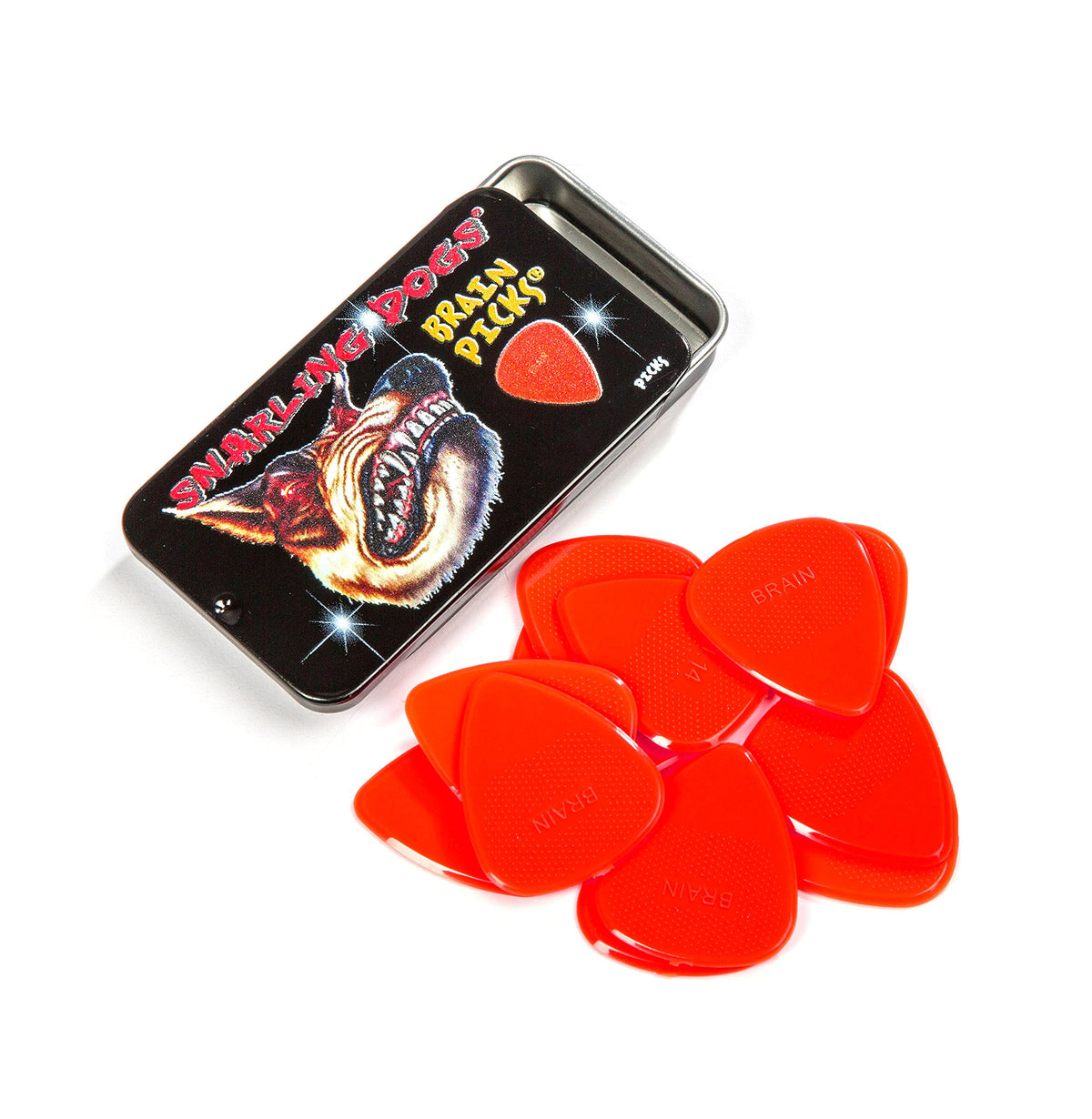 D'Andrea Snarling Dog Brain Nylon Guitar Picks 12 Pack With Tin Box (Red, 0.73Mm)