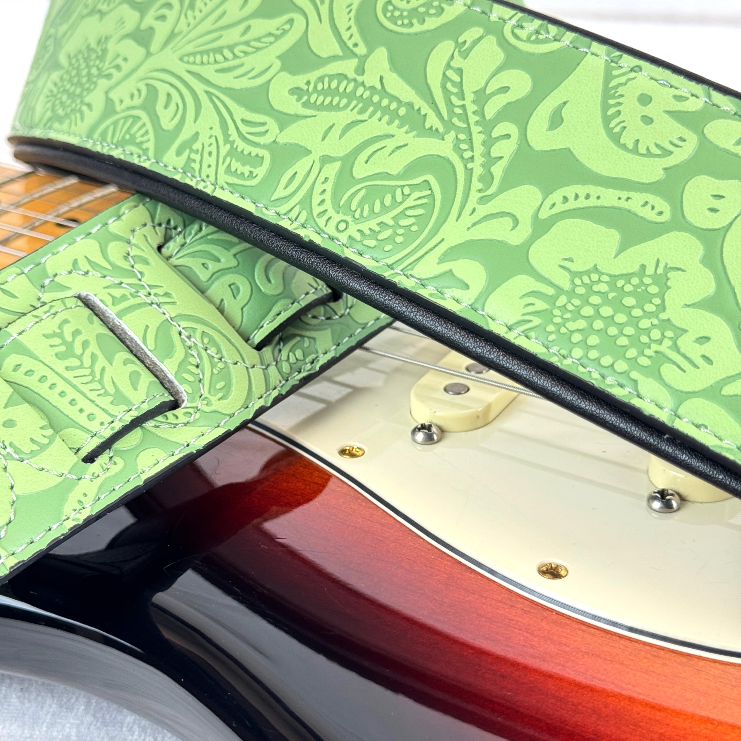 Walker And Williams G-977 Sea foam Green Embossed Guitar Strap with Western Sheridan Design And Padded Glove Leather Back For Ac