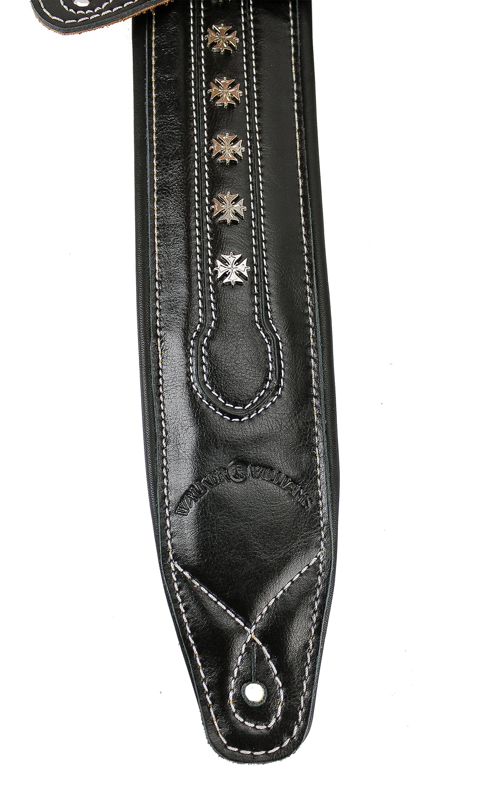 Walker & Williams C-35-BLK Smooth Texture Premium Black Full Grain Leather Soft Padded Guitar Strap with Metal Crosses For Acous