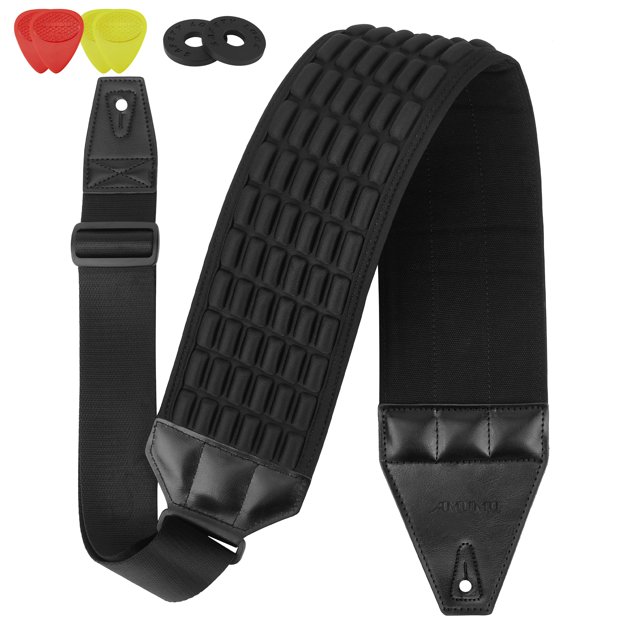 Amumu Airaft Bass & Guitar Strap 4'' Ultra Wide - 0.7'' Thick Breathable Convex 3D Air Cell Cushions - Neoprene Padding - Cotton
