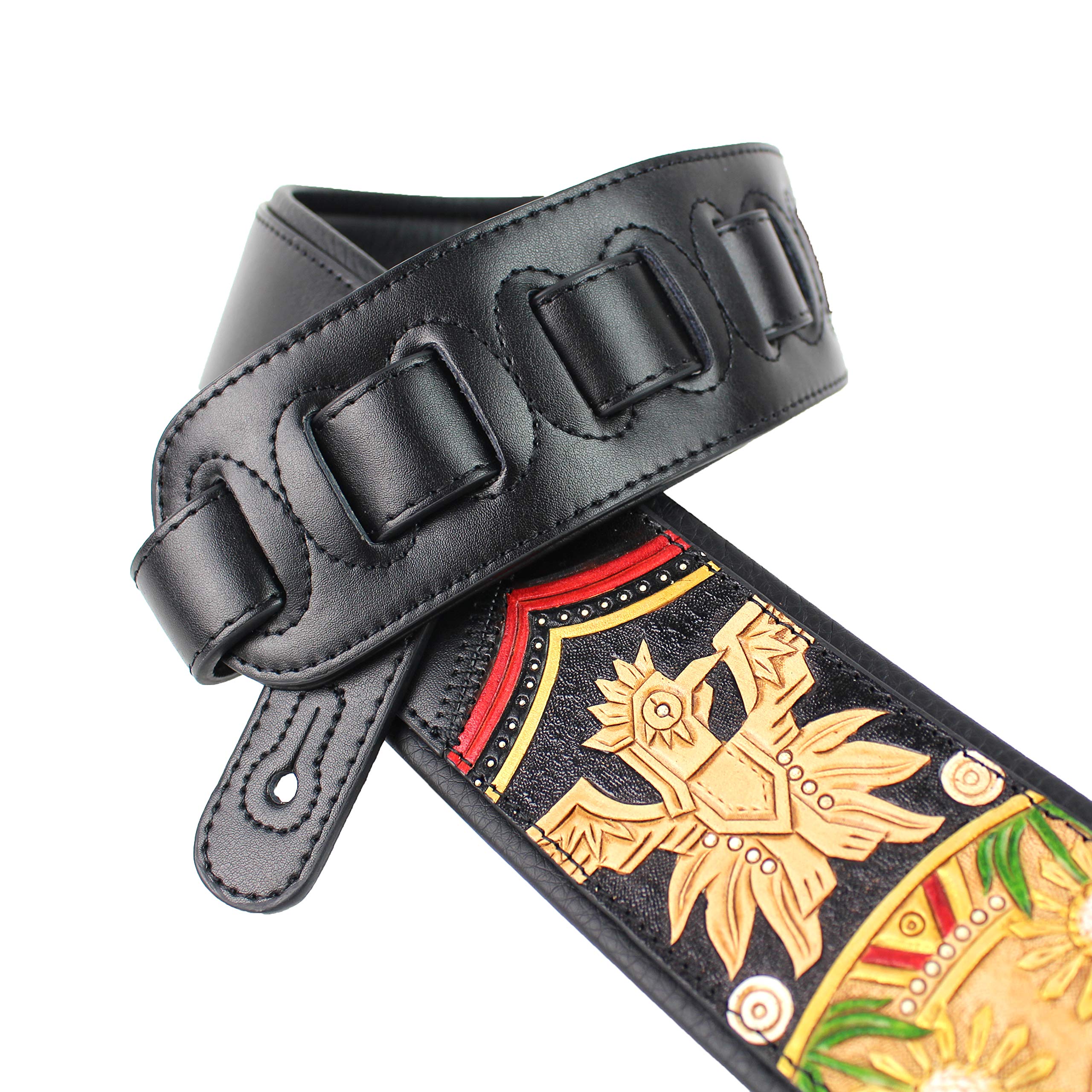 Walker And Williams KB-50-TN Handmade Heritage Series Black And Tan Guitar Strap With Multicolor Mayan Design On Tan Carved Leat