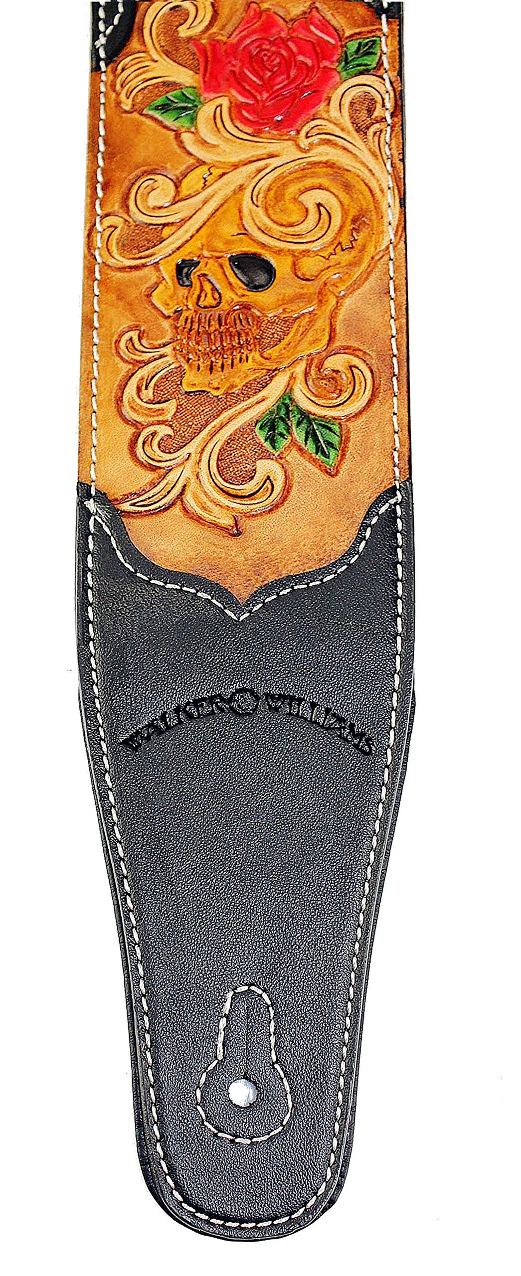 Walker & Williams CVG-12 Black Leather Guitar Strap With Hand Tooled Grateful Skull & Roses For Acoustic, Electric, And Bass Gui