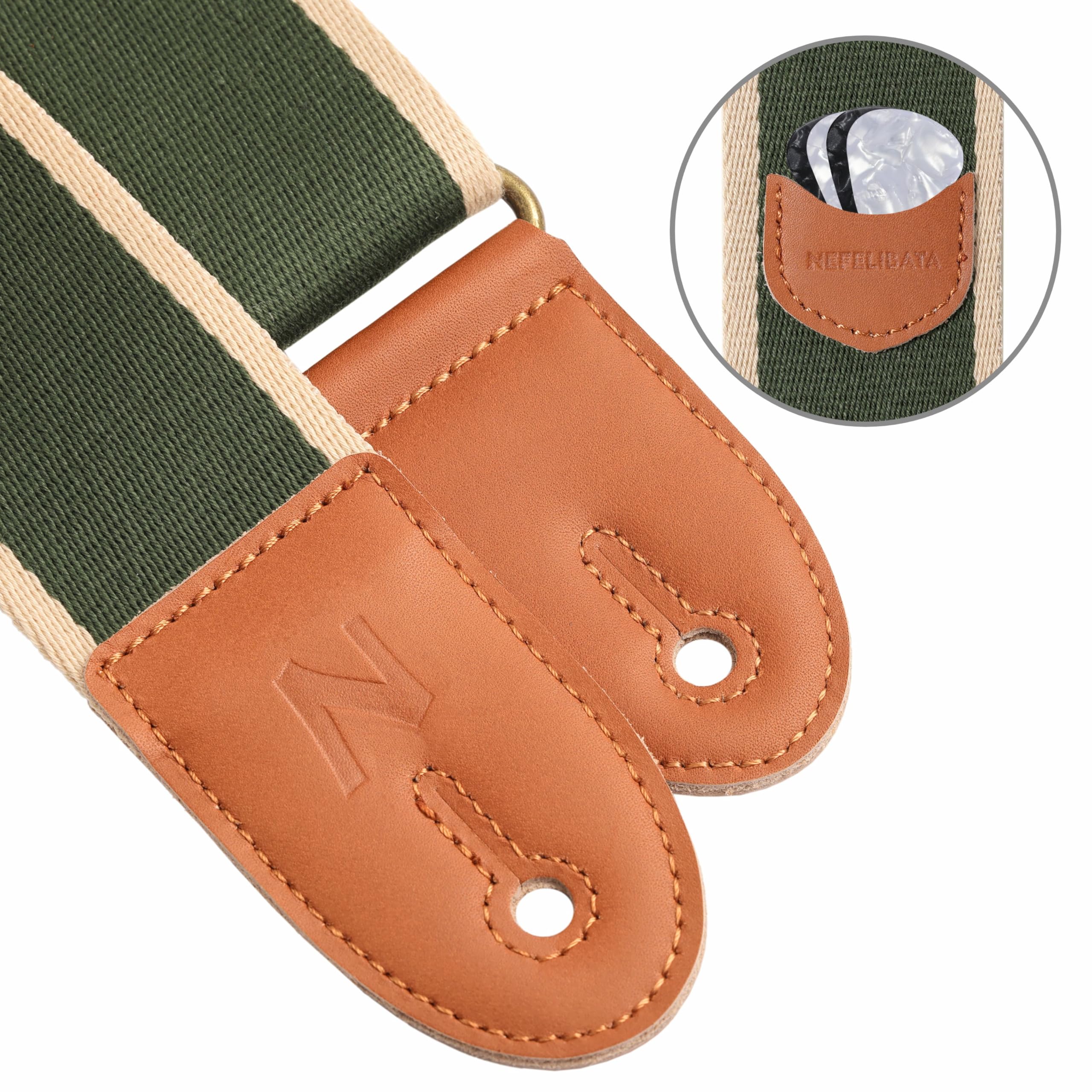 Nefelibata Guitar Strap, Cotton Full Grain Leather Ends Guitar Straps with Pick Pocket for Bass, Electric & Acoustic Guitar, Com