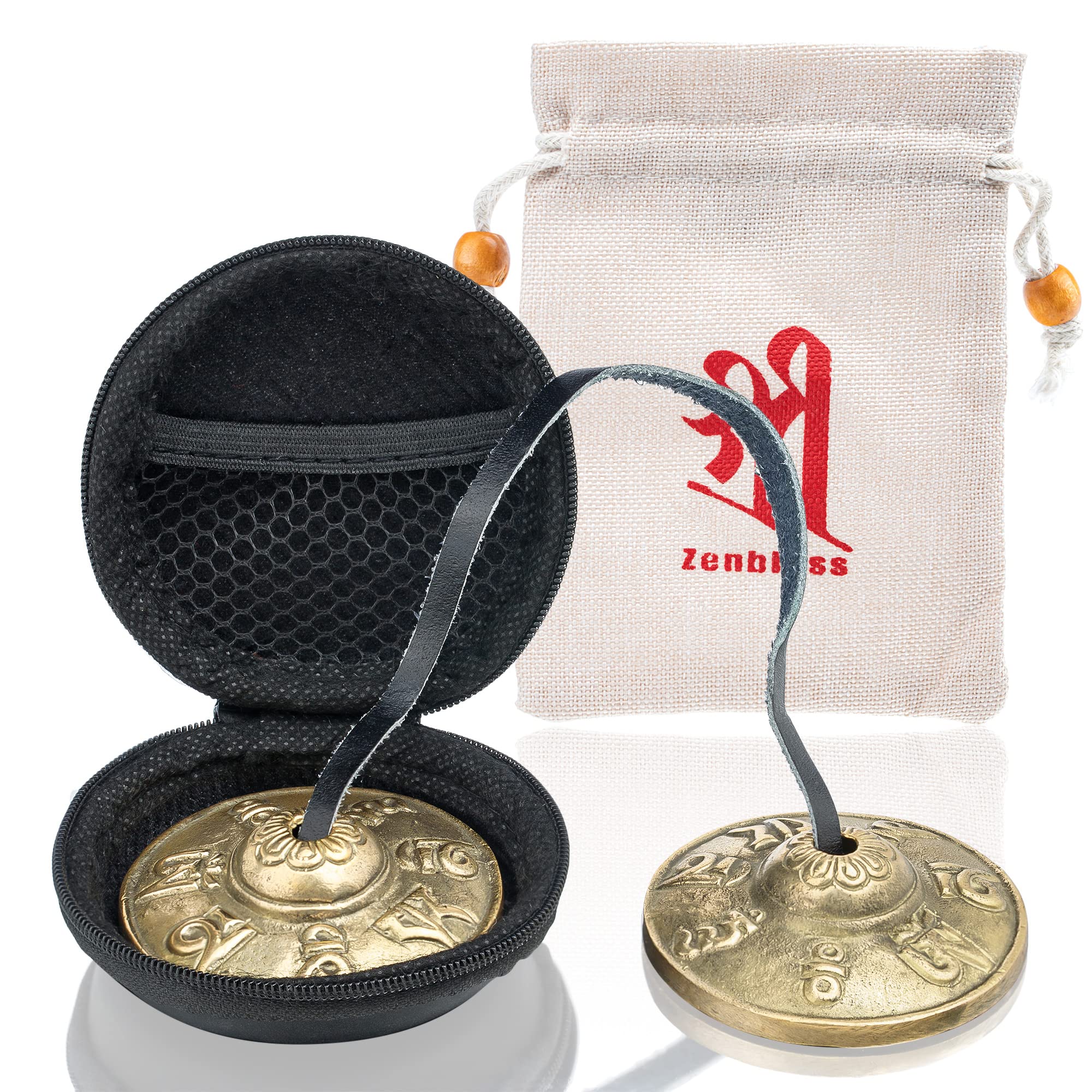 ZenBless Tibetan Tingsha Cymbals 2pcs, with Storage Box and Fabric Case, Meditation Sanskrit Brass Chime Bells for Spiritual Hea