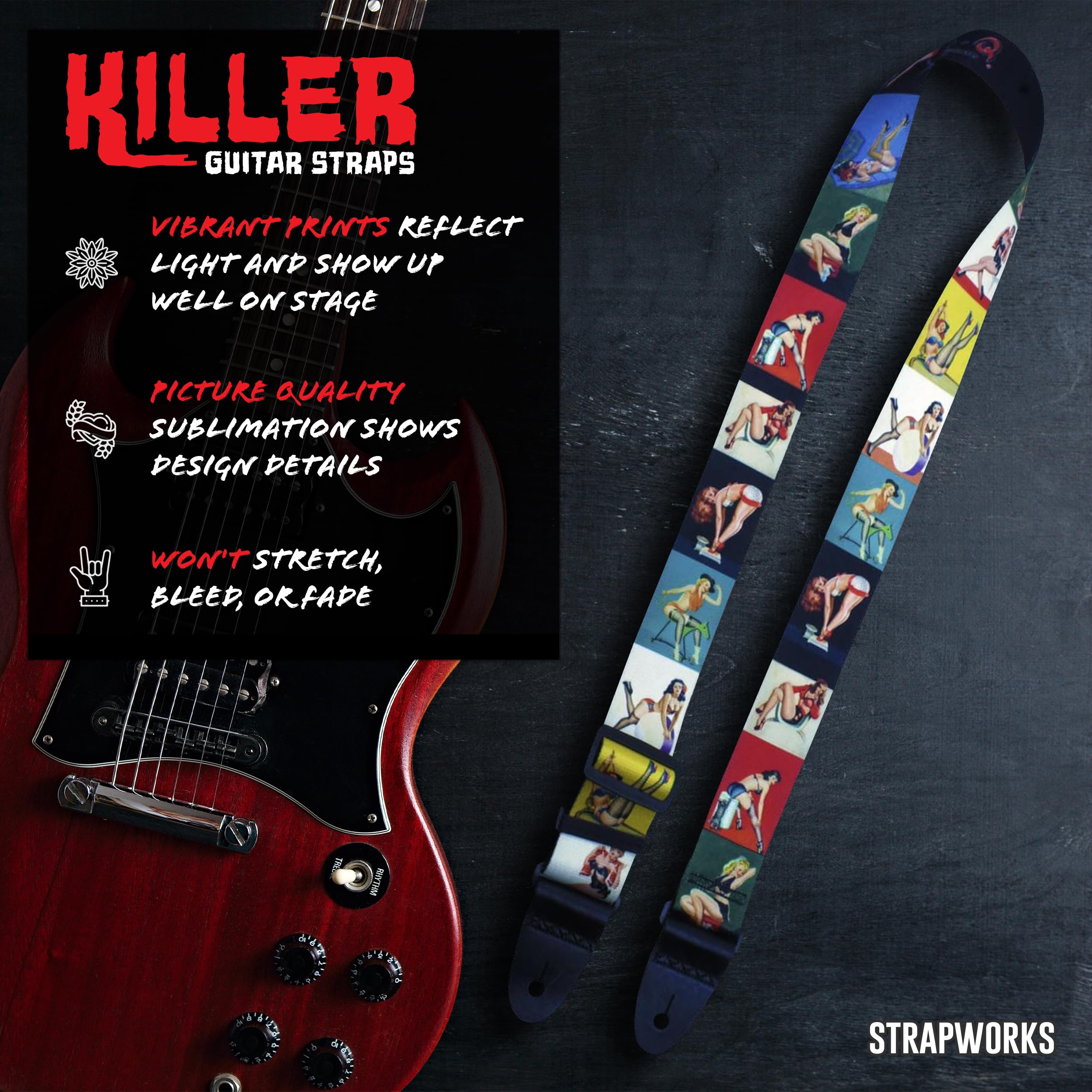 Killer-Q Guitar Strap - Stylish Straps for Electric and Acoustic Guitars With Leather Tabs, 2 Inches x 5 Feet, Pin up girls