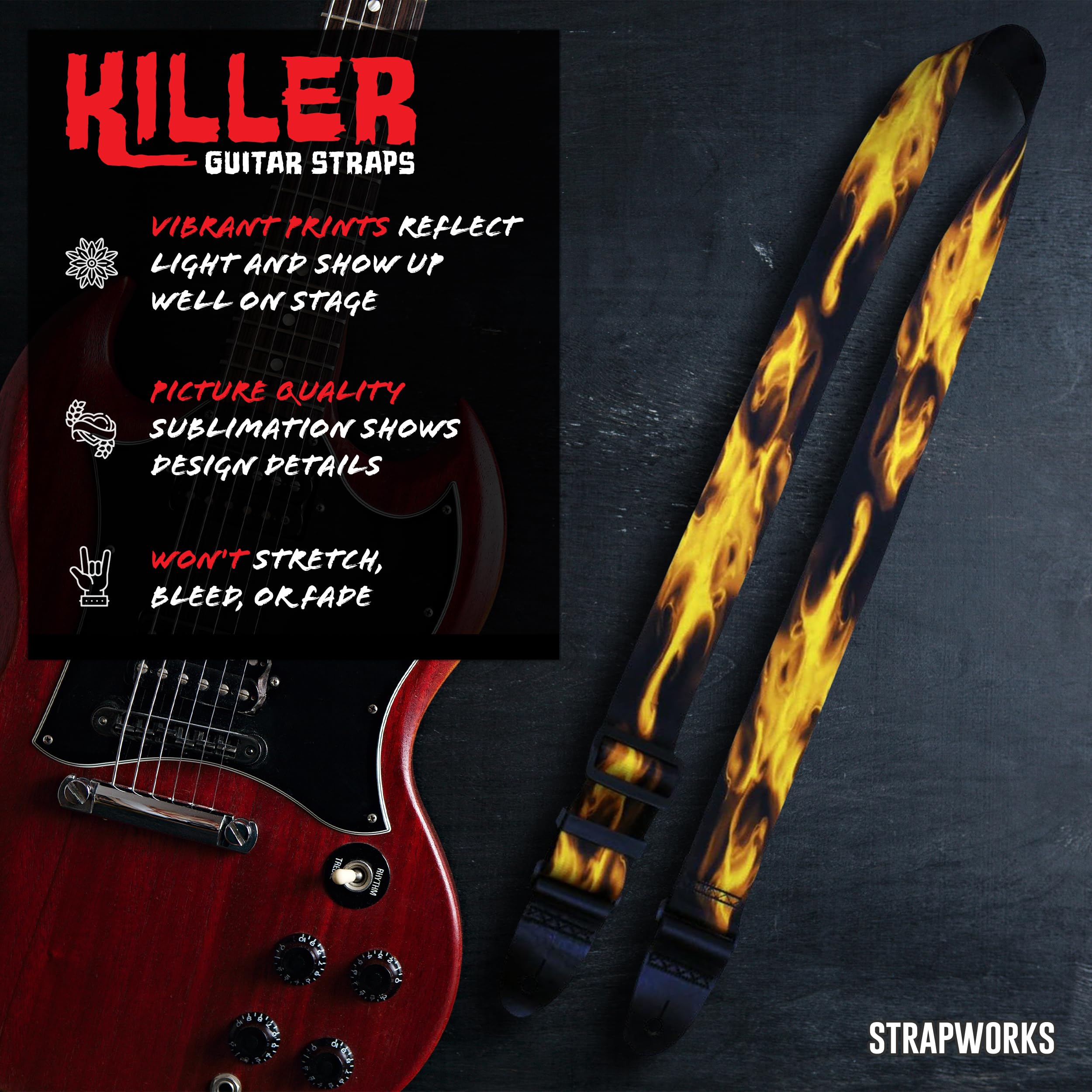 Killer-Q Guitar Strap - Stylish Straps for Electric and Acoustic Guitars With Leather Tabs, 2 Inches x 5 Feet, Fire