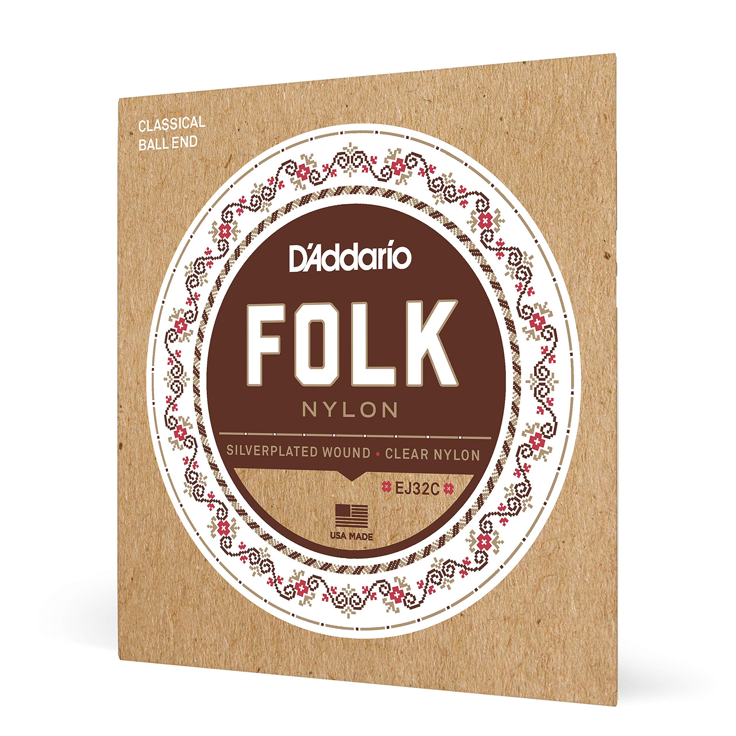 Daddario Guitar Strings - Folk Nylon Guitar Strings - Ej32C Classical Guitar Strings - Nylon Core, Ball End - Silver Plated Wrap