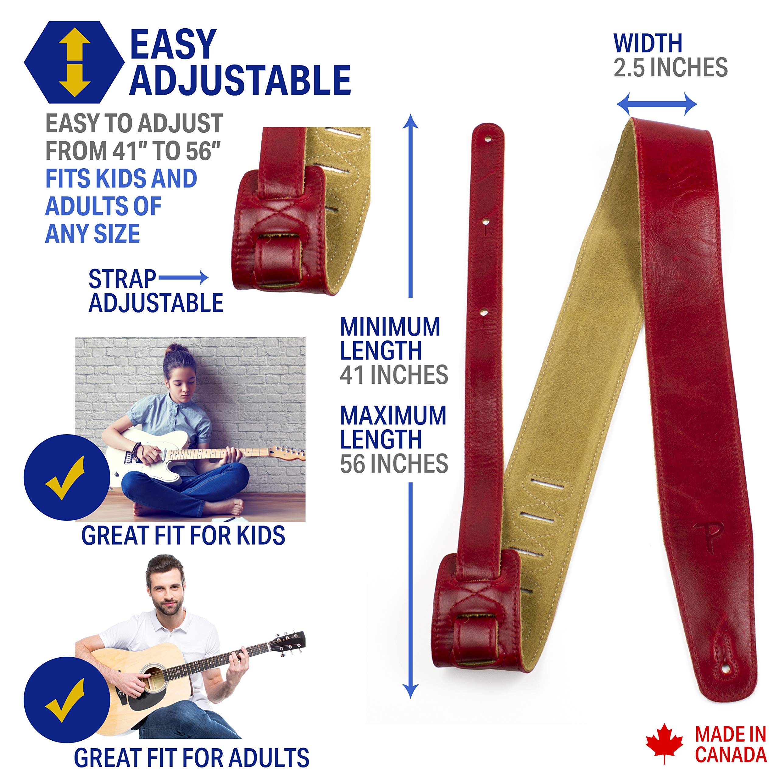 Perri's Leathers, Leather Guitar Strap with Super Soft Suede Backing, Cherry Red, Anti-Slip, Classic, Suitable for Each Level, A