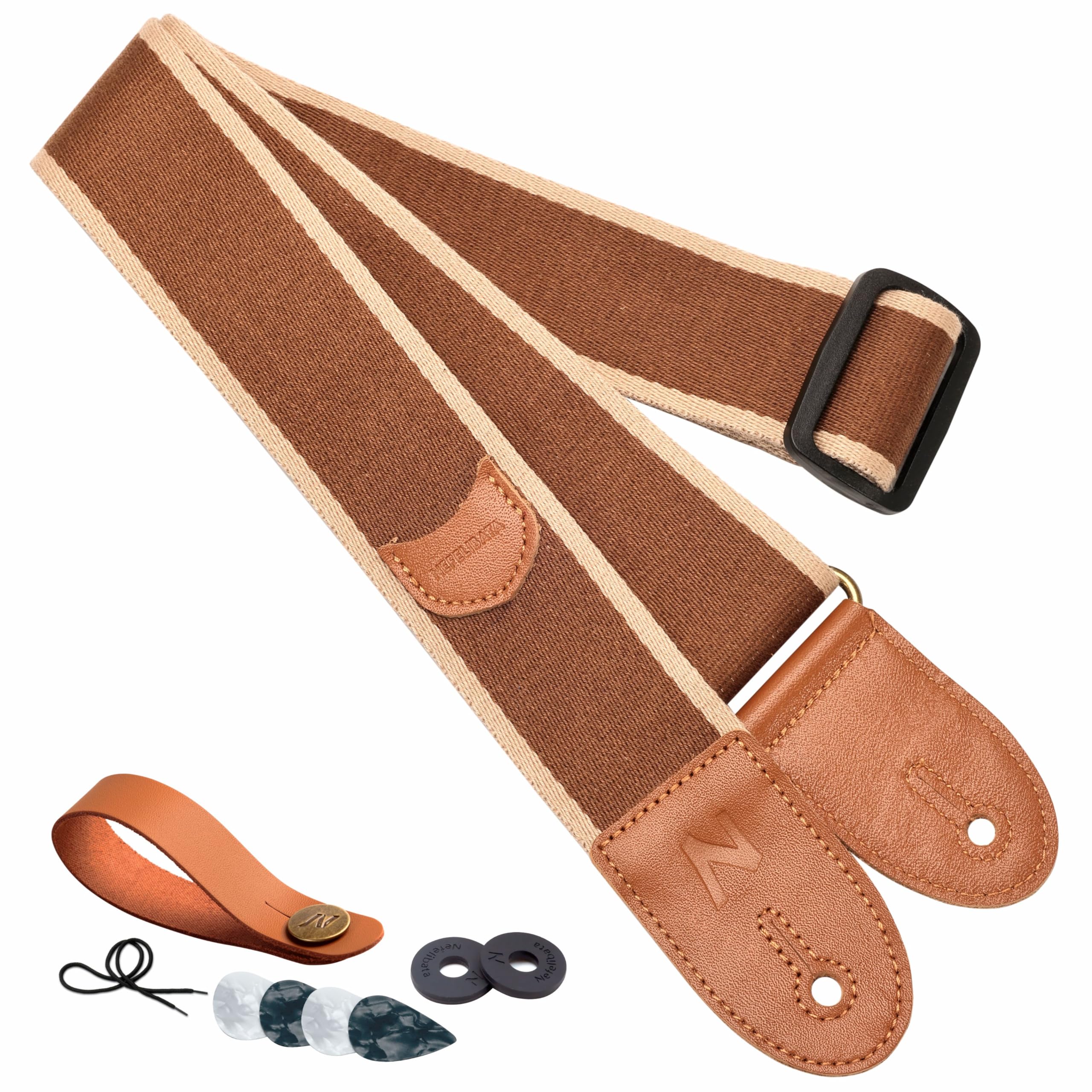 Nefelibata Guitar Strap, Cotton Full Grain Leather Ends Guitar Straps With Pick Pocket For Bass, Electric & Acoustic Guitar, Com